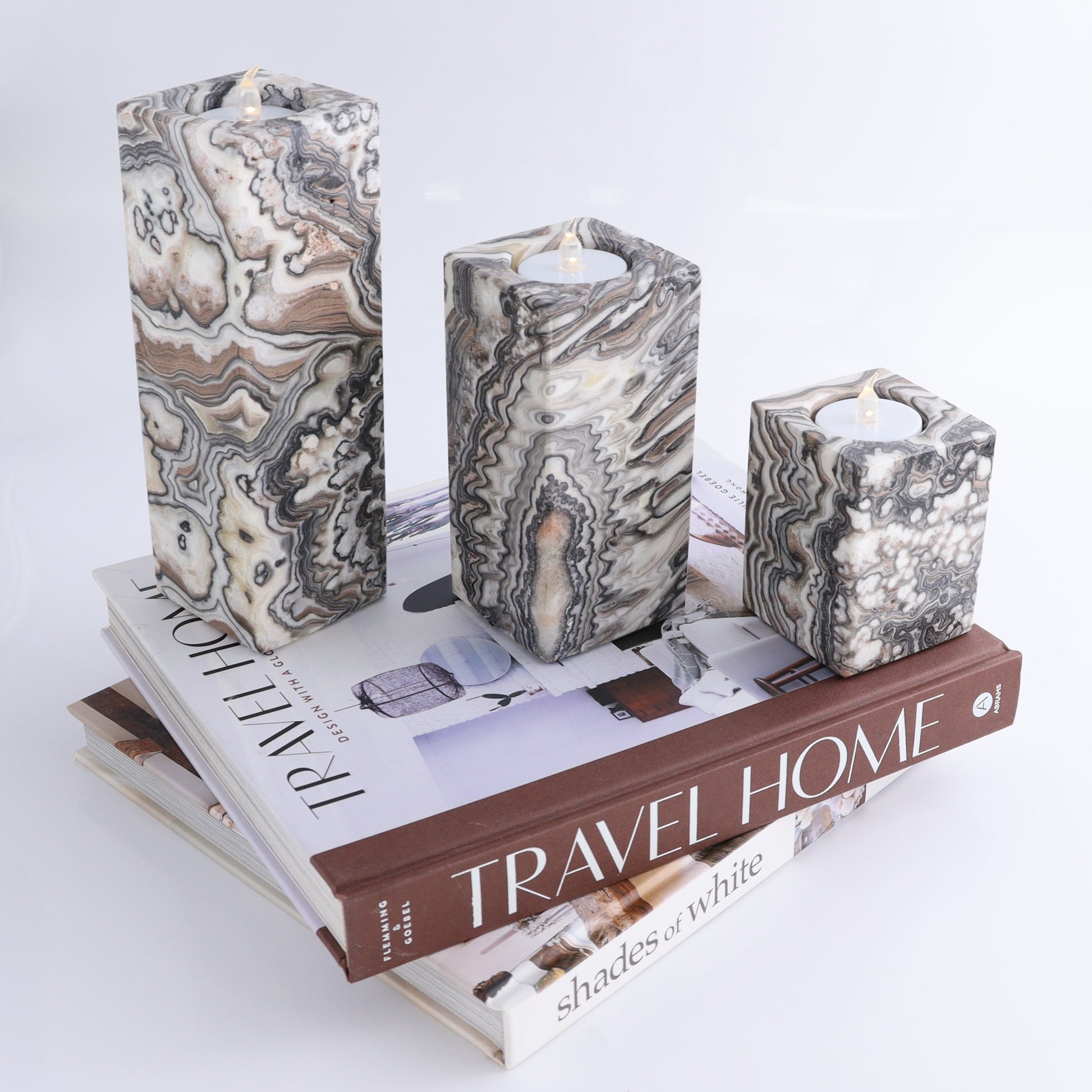 One Candle Holder Mexican Onyx/Calcite Zebra Black & White Set of 3 - Expert Wholesale and Supplier of Wholesale Crystals & Bulk Gemstones, ["Calcite","Candle Holder","Catalog Onyx","Mexico","onyx"]