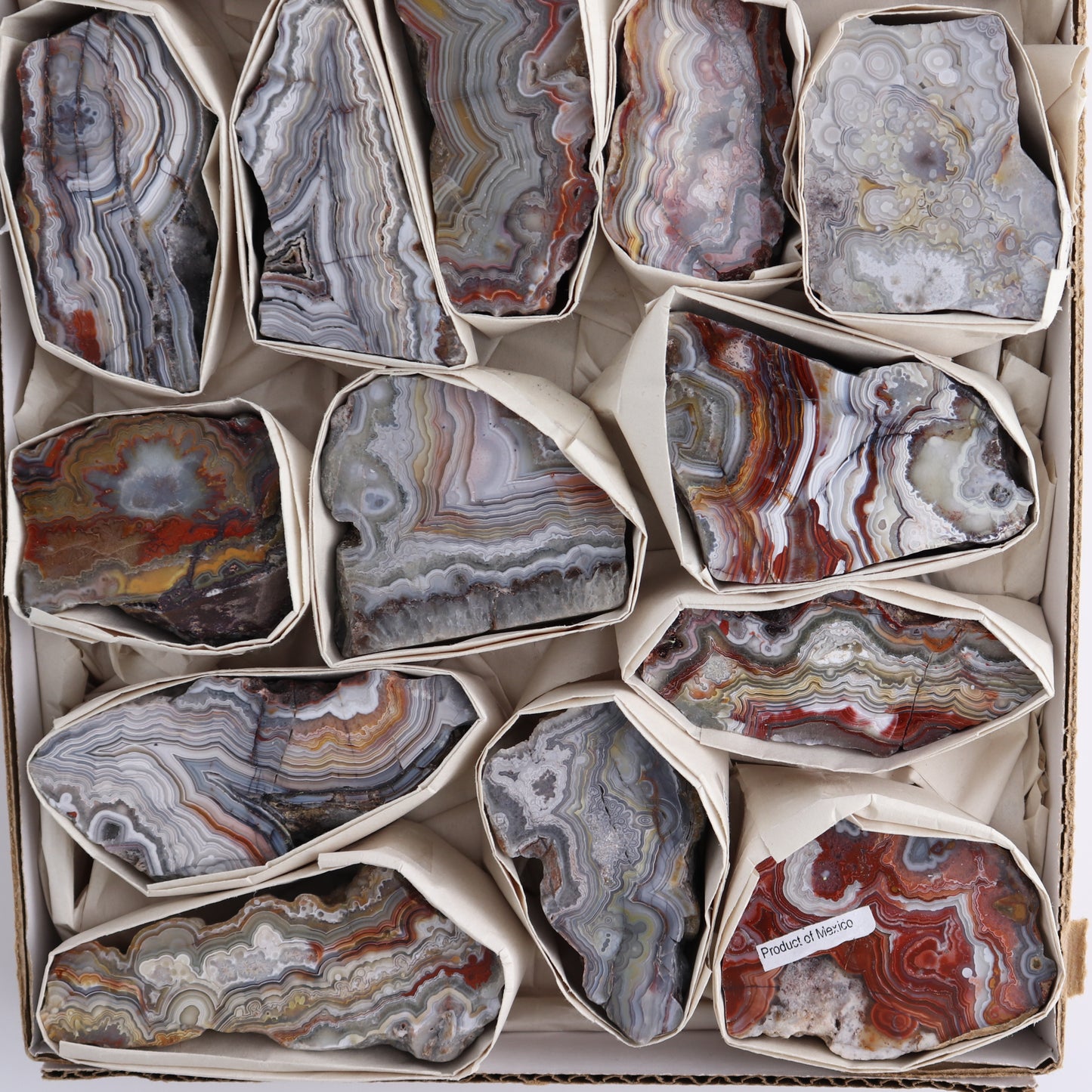 Crazy Lace Agate Flat of 15