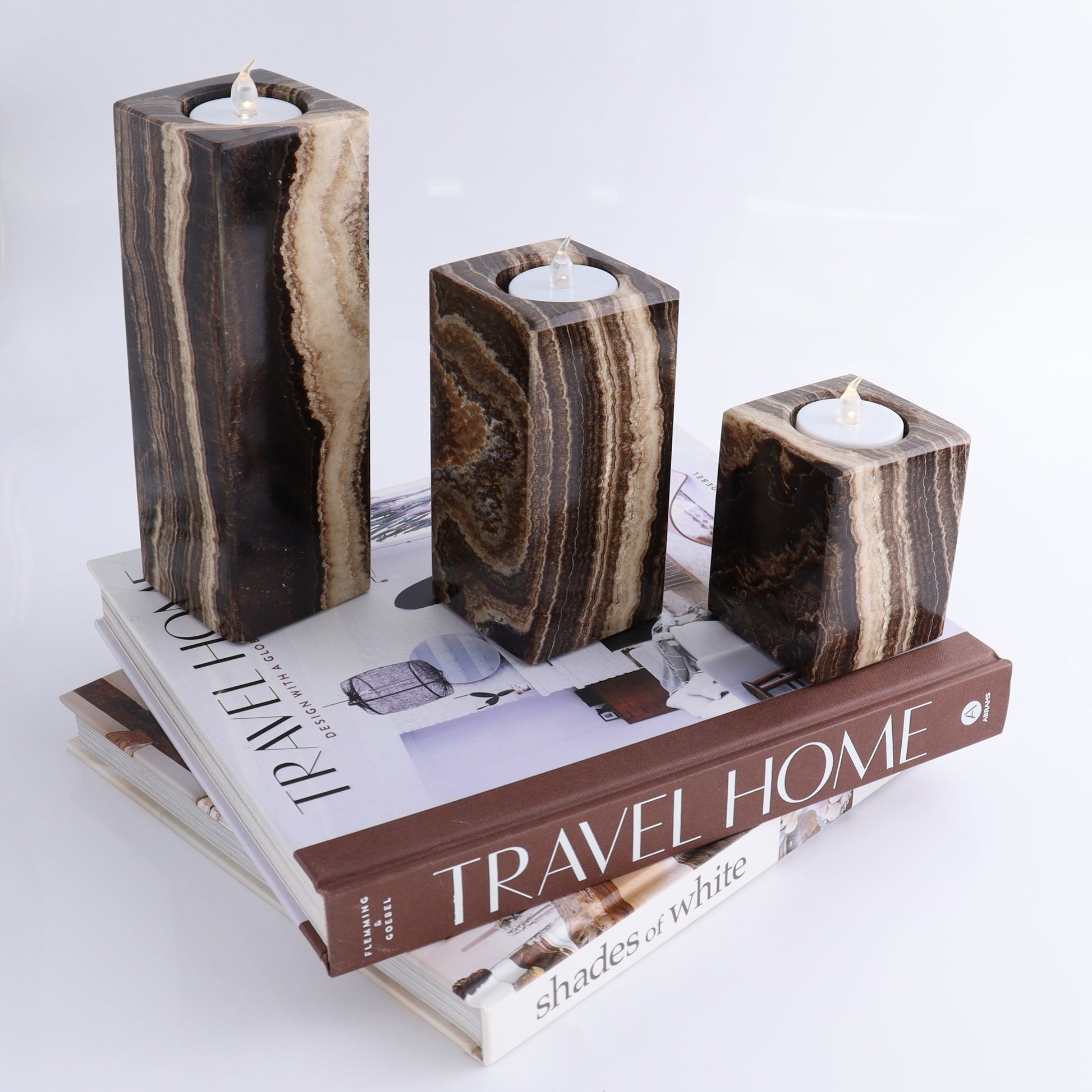 One Candle Holder Mexican Onyx/Calcite Chocolate Set of 3 - Expert Wholesale and Supplier of Wholesale Crystals & Bulk Gemstones, ["Calcite","Candle Holder","Catalog Onyx","Mexico","Onyx"]