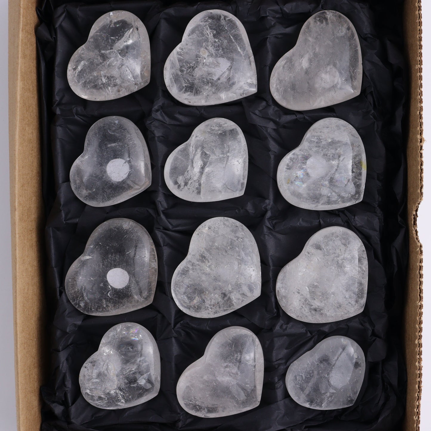Imperfect Clear Quartz Hearts Set of 12 - Expert Wholesale and Supplier of Wholesale Crystals & Bulk Gemstones, ["Brazil","Clear Quartz","close_50","Hearts","Quartz"]