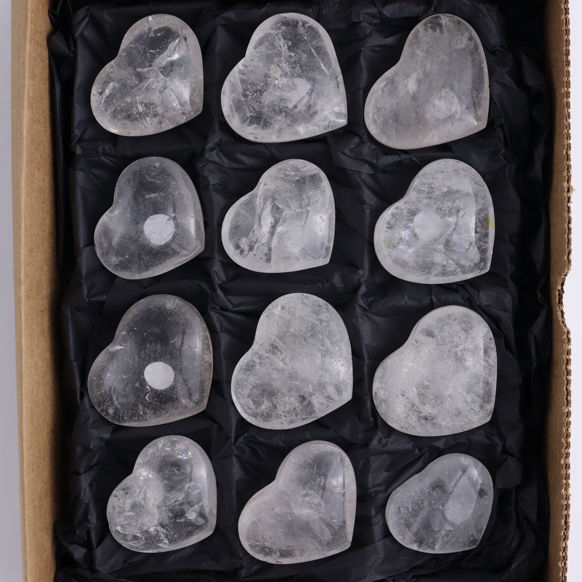 Imperfect Clear Quartz Hearts Set of 12 - Expert Wholesale and Supplier of Wholesale Crystals & Bulk Gemstones, ["Brazil","Clear Quartz","close_50","Hearts","Quartz"]
