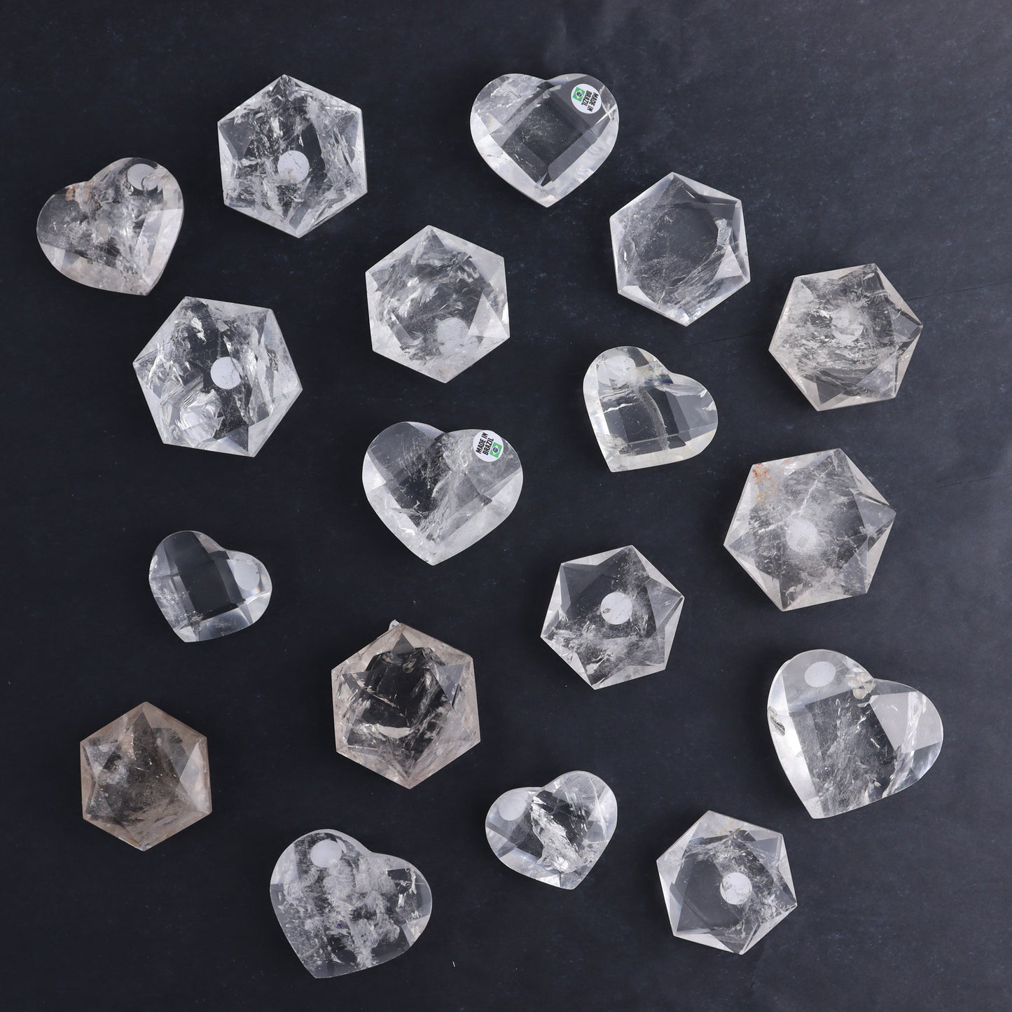 Clear Quartz Mixed Hearts & Hexagon Set of 18 - Expert Wholesale and Supplier of Wholesale Crystals & Bulk Gemstones, ["Brazil","Clear Quartz","Hearts","Hexagon","Quartz"]