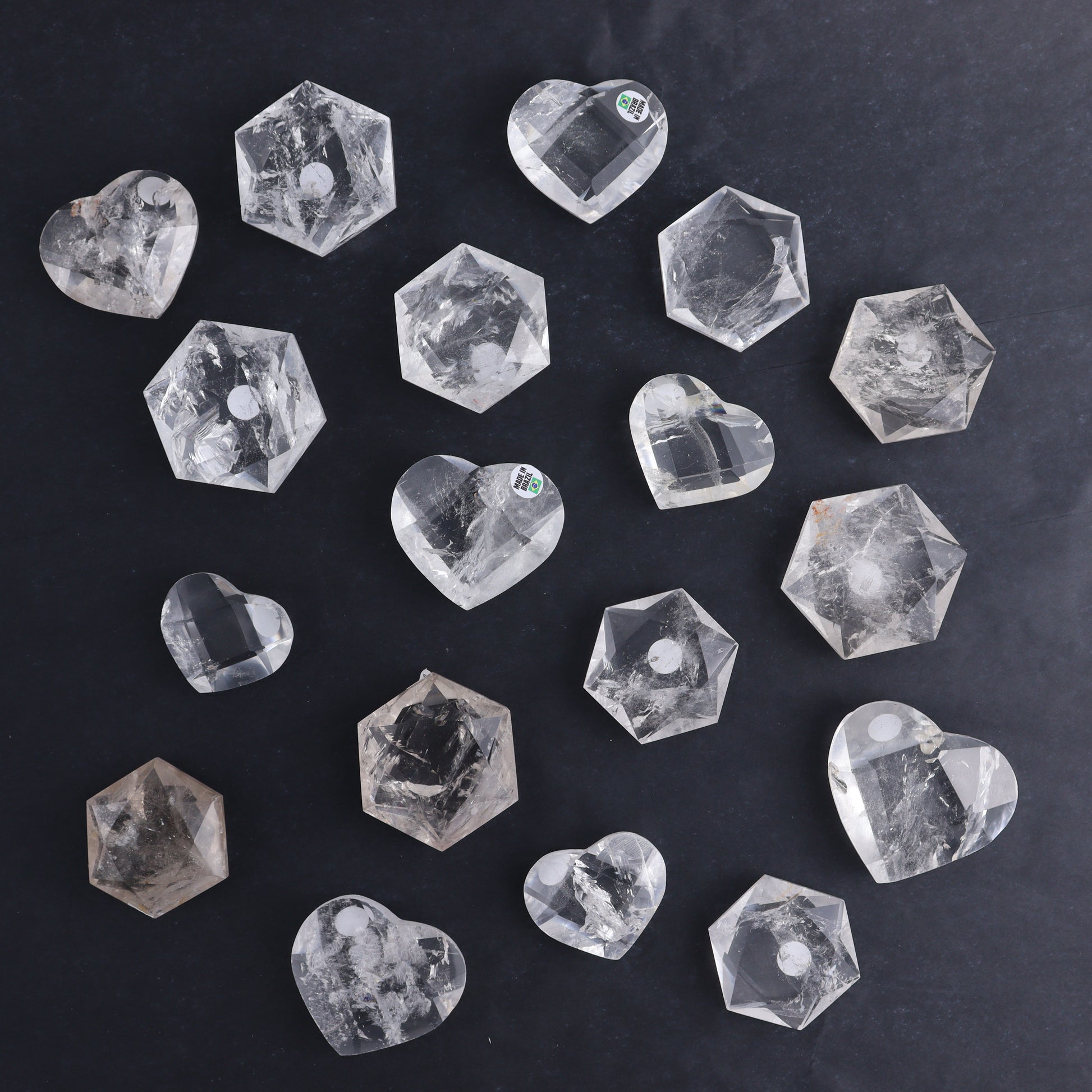 Clear Quartz Mixed Hearts & Hexagon Set of 18 - Expert Wholesale and Supplier of Wholesale Crystals & Bulk Gemstones, ["Brazil","Clear Quartz","Hearts","Hexagon","Quartz"]