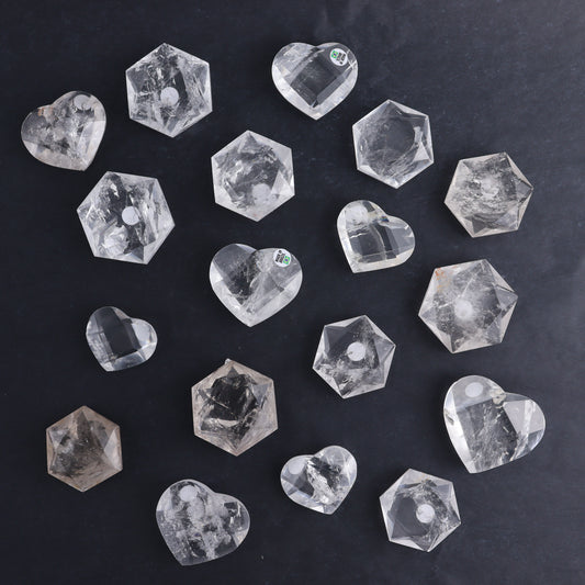 Clear Quartz Mixed Hearts & Hexagon Set of 18 - Expert Wholesale and Supplier of Wholesale Crystals & Bulk Gemstones, ["Brazil","Clear Quartz","Hearts","Hexagon","Quartz"]