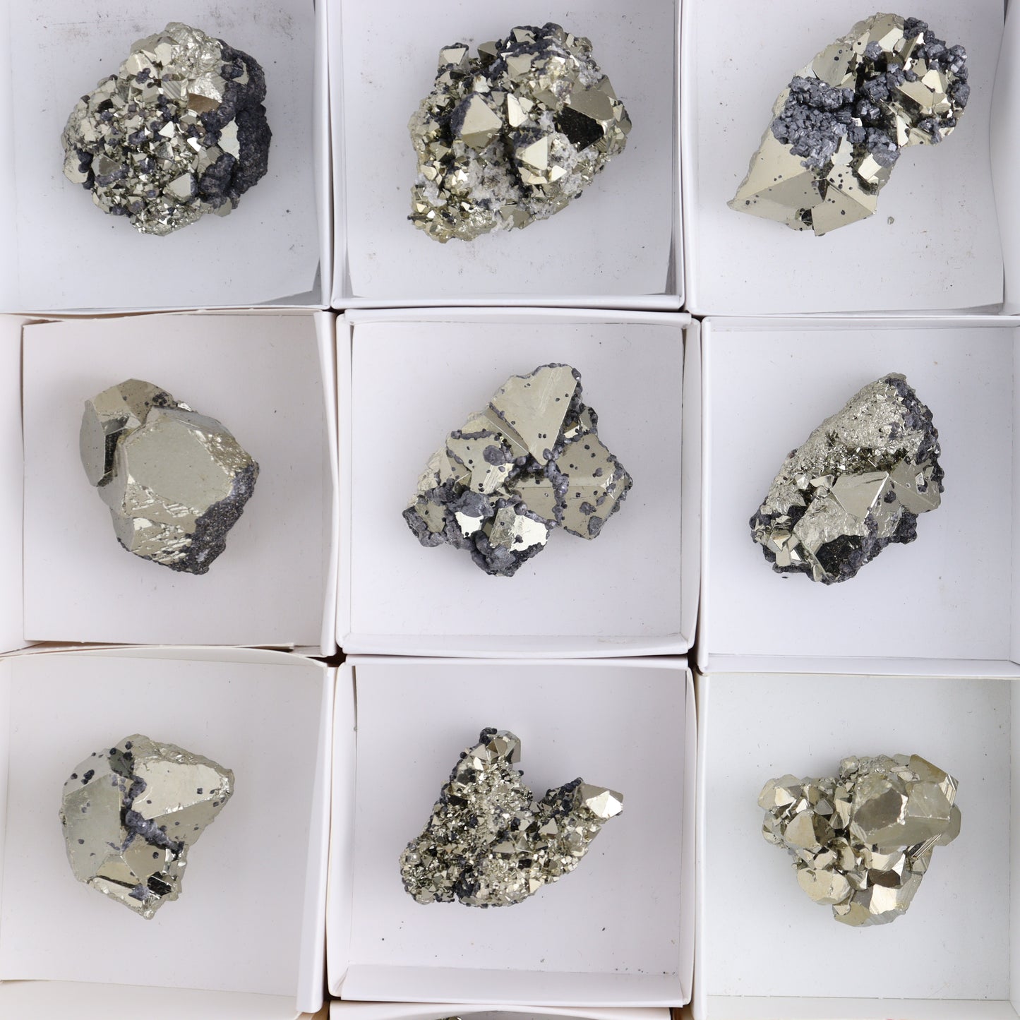 Octahedral Pyrite Clusters Set of 12 - Expert Wholesale and Supplier of Wholesale Crystals & Bulk Gemstones, ["Clusters","Octahedral Pyrite","Peru","Pyrite"]