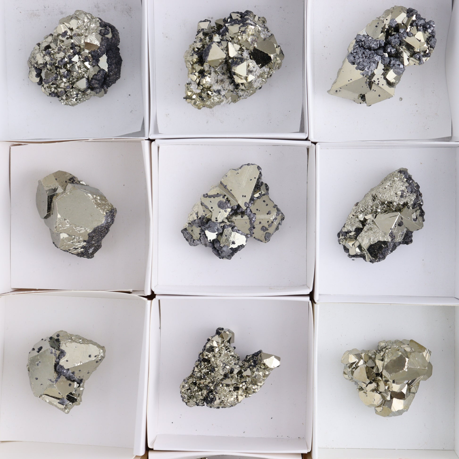 Octahedral Pyrite Clusters Set of 12 - Expert Wholesale and Supplier of Wholesale Crystals & Bulk Gemstones, ["Clusters","Octahedral Pyrite","Peru","Pyrite"]