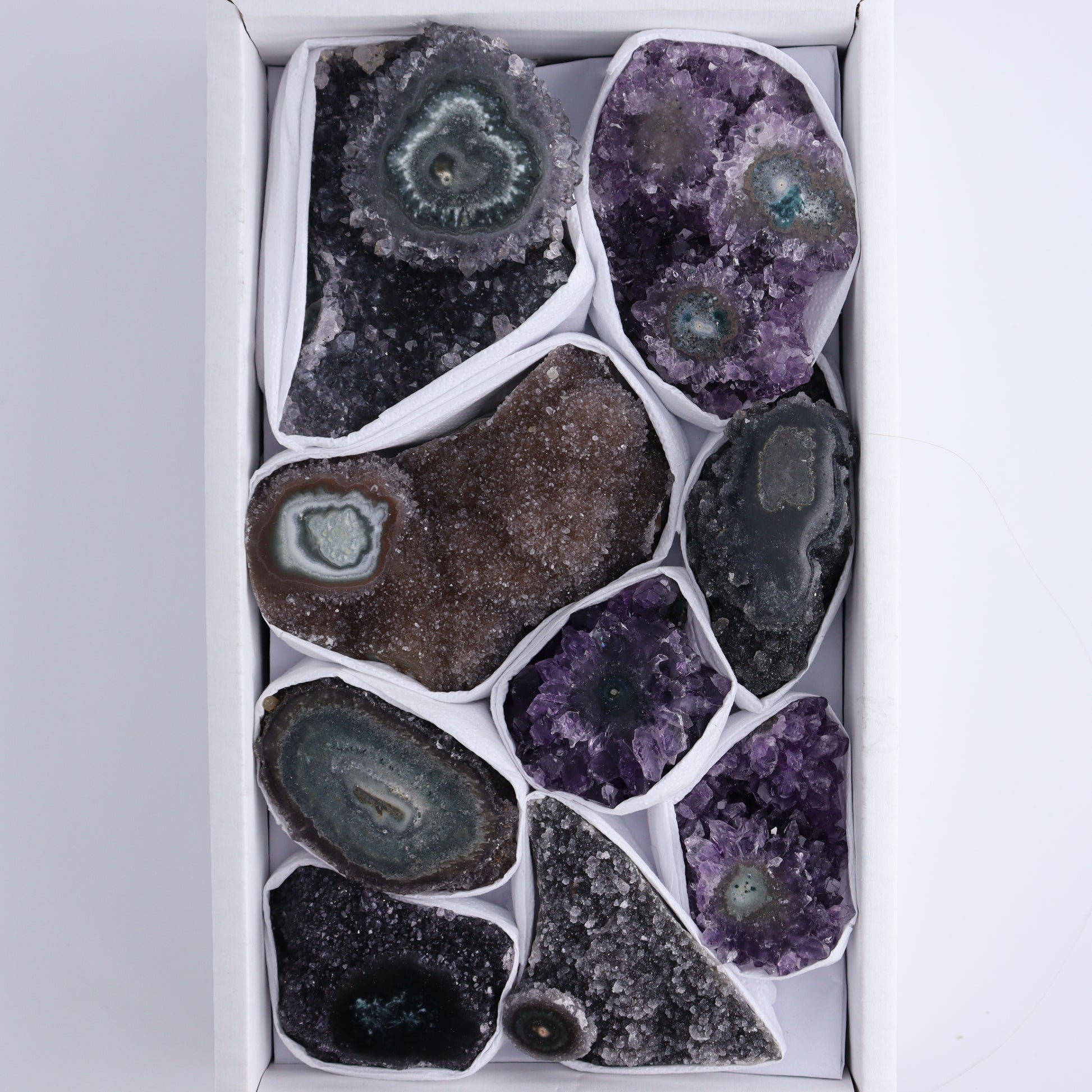 Uruguay Amethyst Clusters with "Eyes" Flat of 9 - Expert Wholesale and Supplier of Wholesale Crystals & Bulk Gemstones, ["Amethyst","Clusters","Eyes Amethyst","Uruguay"]