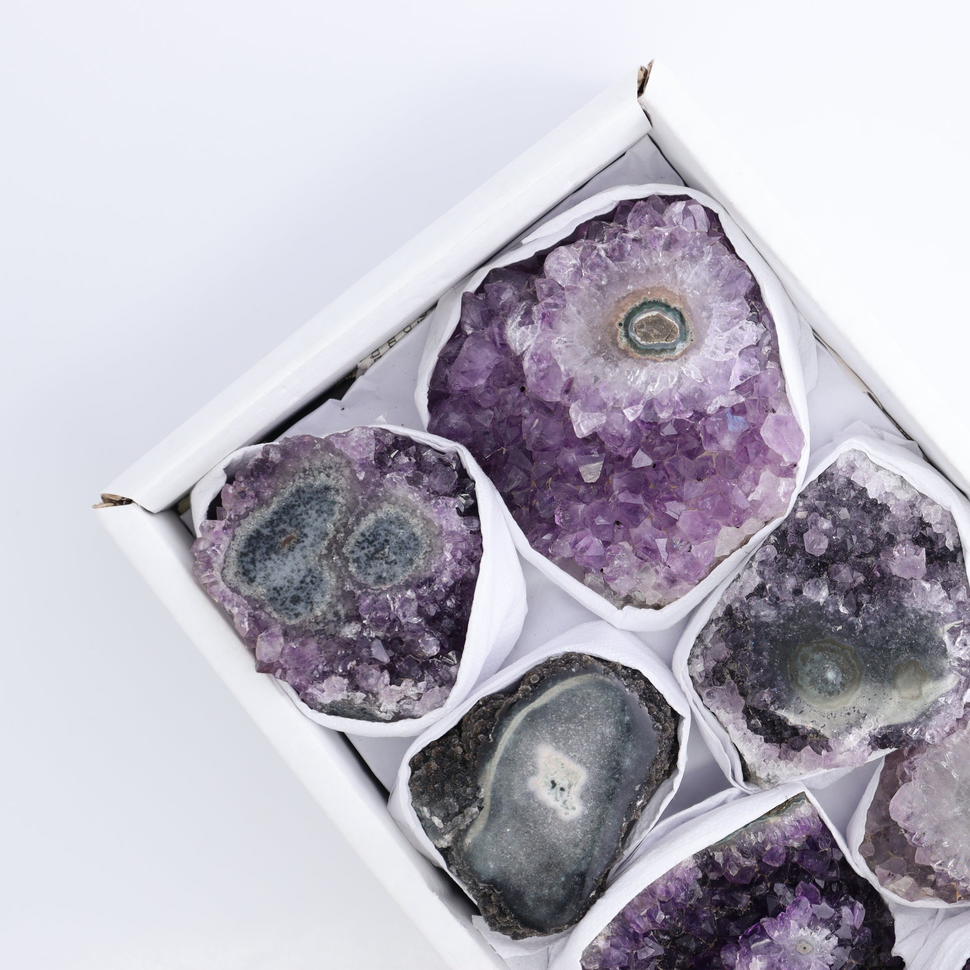 *sold Uruguay Amethyst Clusters with "Eyes" Flat of 8 - Expert Wholesale and Supplier of Wholesale Crystals & Bulk Gemstones, ["Amethyst","Amethyst Eyes","Clusters","Uruguay"]