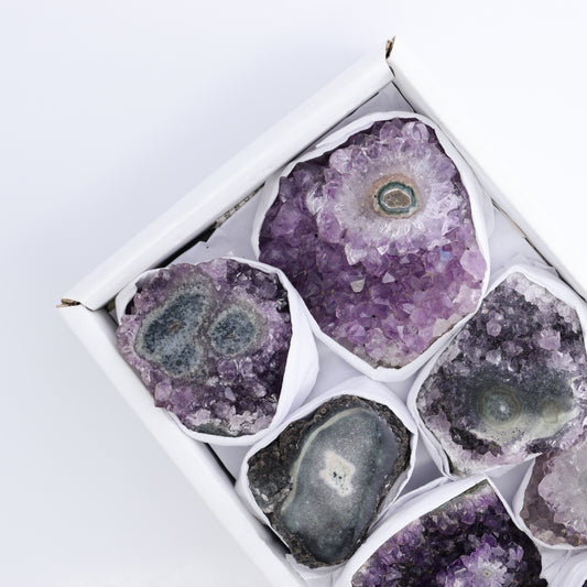 *sold Uruguay Amethyst Clusters with "Eyes" Flat of 8 - Expert Wholesale and Supplier of Wholesale Crystals & Bulk Gemstones, ["Amethyst","Amethyst Eyes","Clusters","Uruguay"]