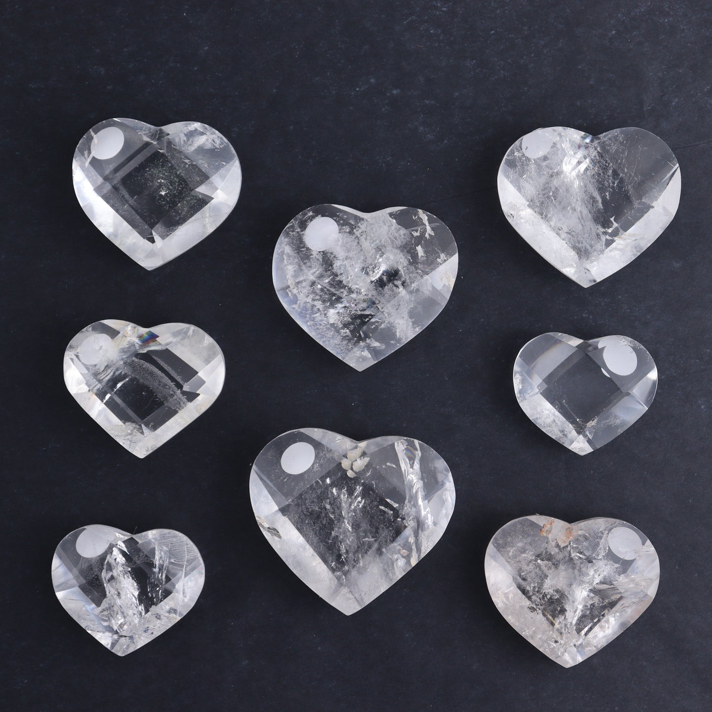 Clear Quartz Mixed Hearts & Hexagon Set of 18 - Expert Wholesale and Supplier of Wholesale Crystals & Bulk Gemstones, ["Brazil","Clear Quartz","Hearts","Hexagon","Quartz"]