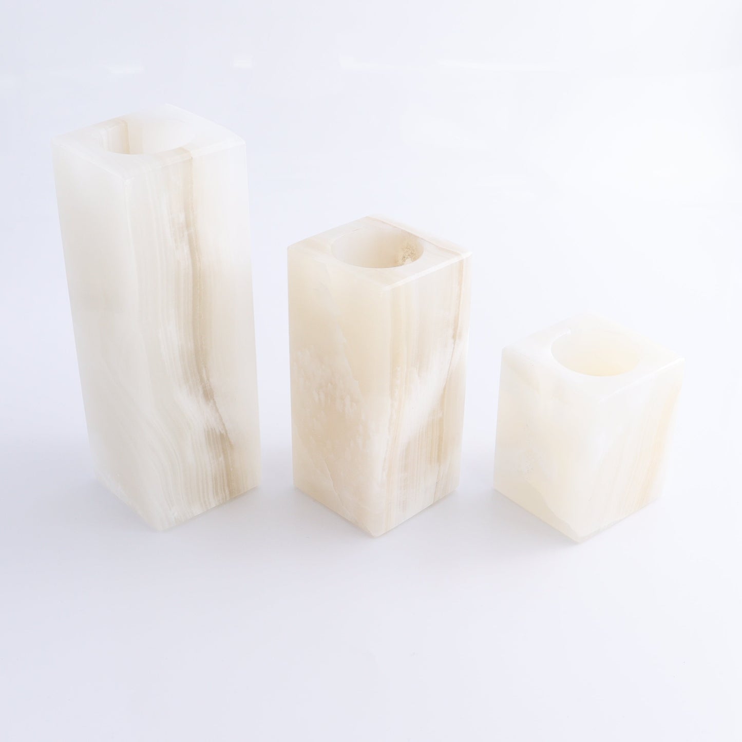 One Candle Holder Mexican Onyx/Calcite White Set of 3 - Expert Wholesale and Supplier of Wholesale Crystals & Bulk Gemstones, ["Calcite","Candle Holder","Catalog Onyx","Mexico","Onyx"]