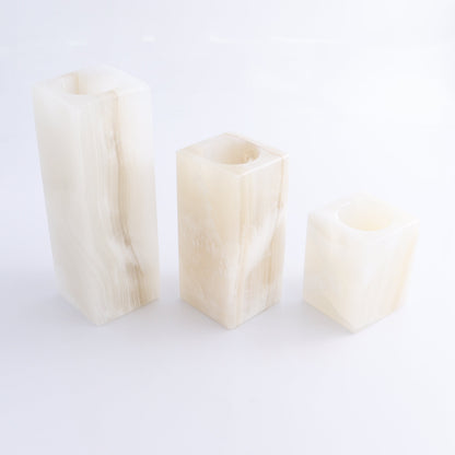 One Candle Holder Mexican Onyx/Calcite White Set of 3 - Expert Wholesale and Supplier of Wholesale Crystals & Bulk Gemstones, ["Calcite","Candle Holder","Catalog Onyx","Mexico","Onyx"]