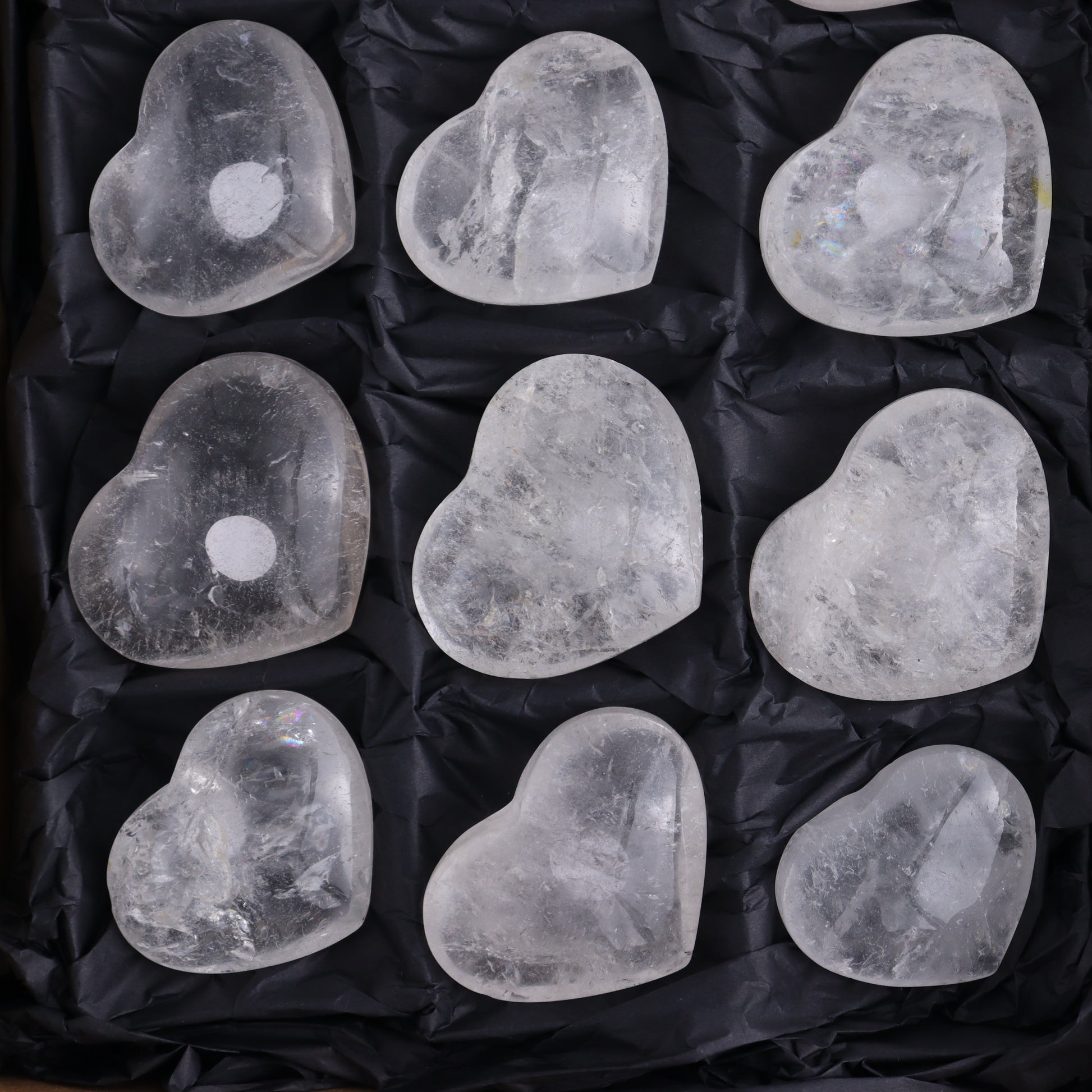 Imperfect Clear Quartz Hearts Set of 12 - Expert Wholesale and Supplier of Wholesale Crystals & Bulk Gemstones, ["Brazil","Clear Quartz","close_50","Hearts","Quartz"]