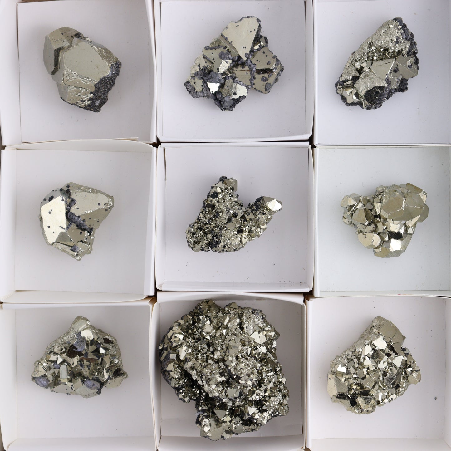 Octahedral Pyrite Clusters Set of 12 - Expert Wholesale and Supplier of Wholesale Crystals & Bulk Gemstones, ["Clusters","Octahedral Pyrite","Peru","Pyrite"]