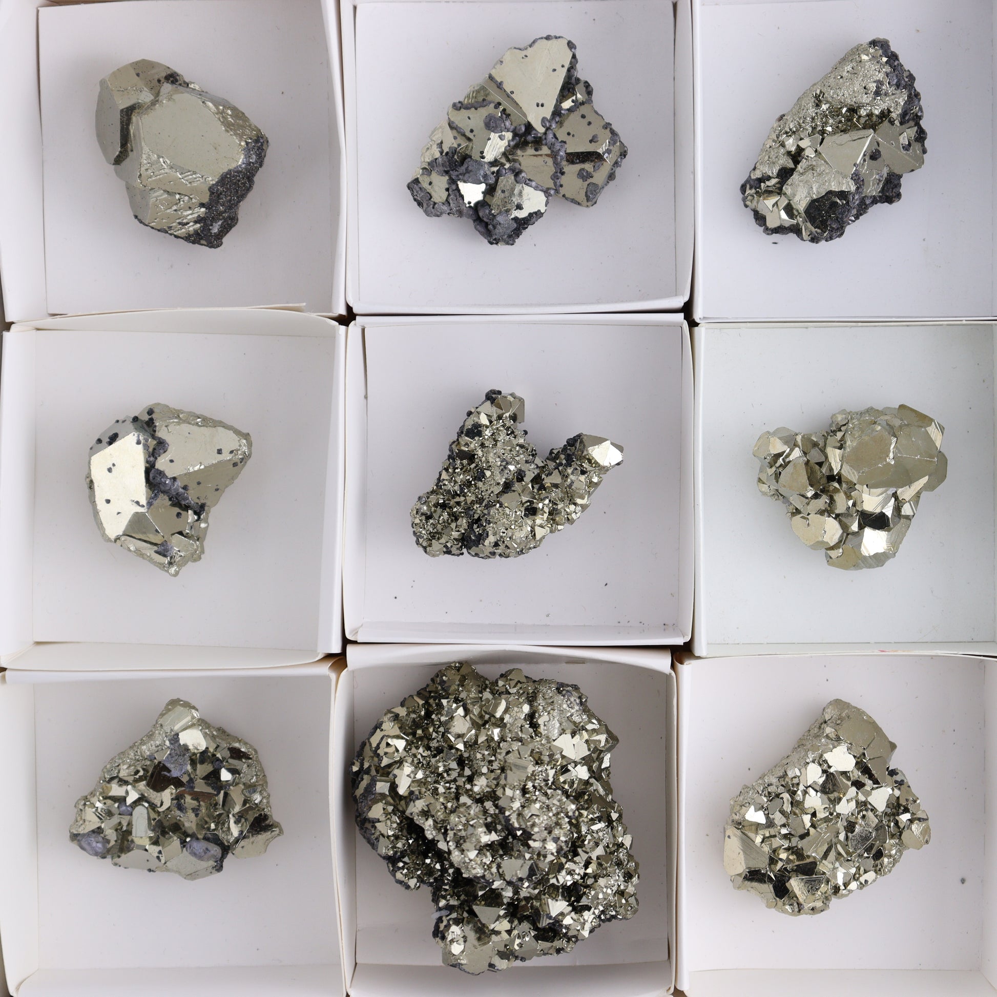 Octahedral Pyrite Clusters Set of 12 - Expert Wholesale and Supplier of Wholesale Crystals & Bulk Gemstones, ["Clusters","Octahedral Pyrite","Peru","Pyrite"]