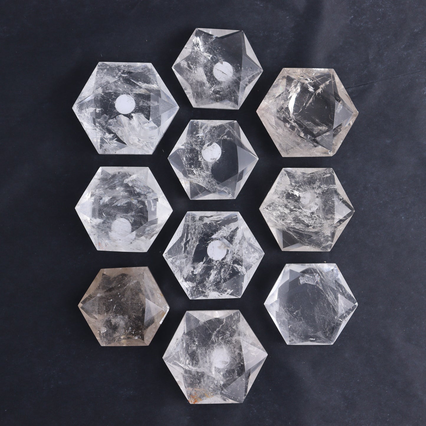 Clear Quartz Mixed Hearts & Hexagon Set of 18 - Expert Wholesale and Supplier of Wholesale Crystals & Bulk Gemstones, ["Brazil","Clear Quartz","Hearts","Hexagon","Quartz"]