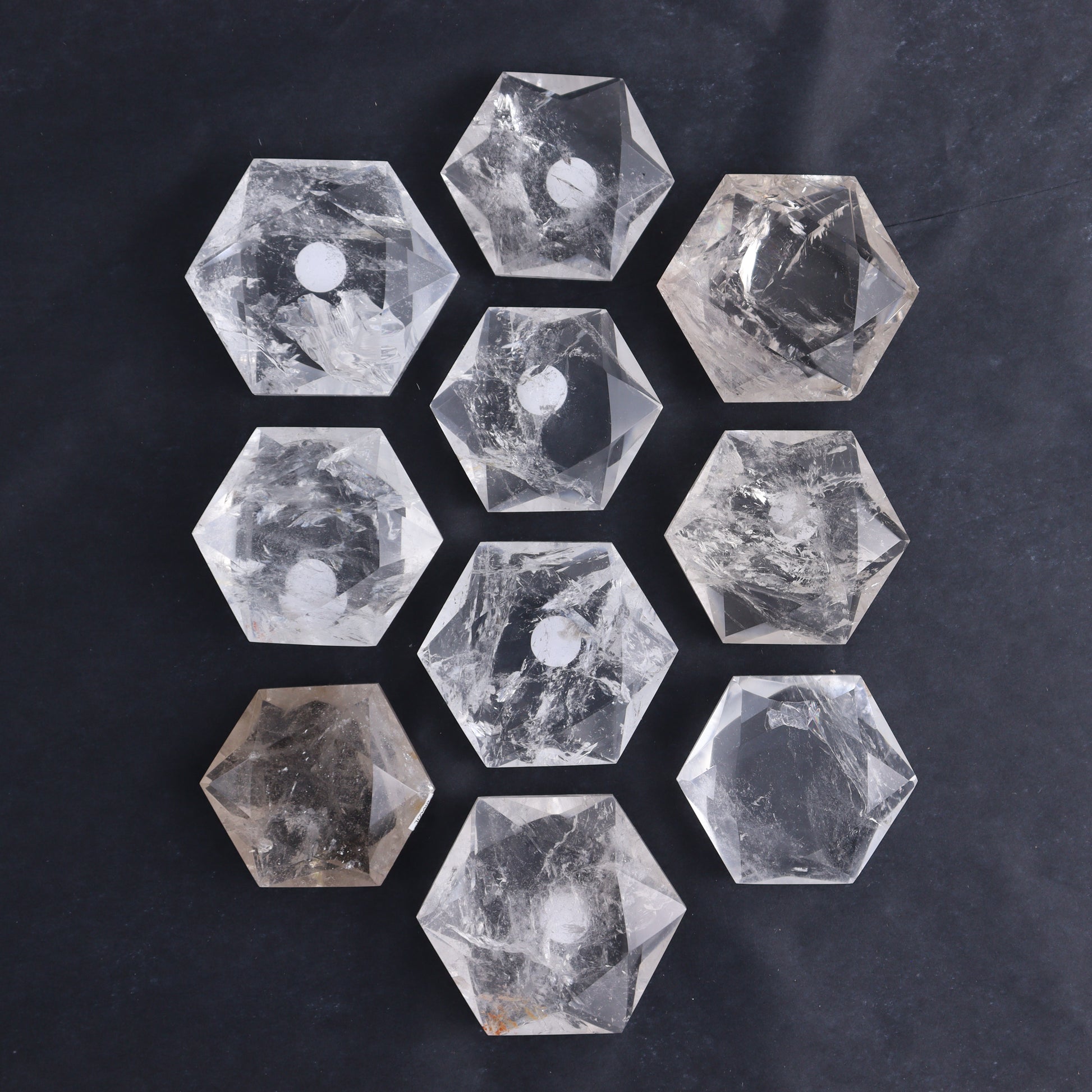 Clear Quartz Mixed Hearts & Hexagon Set of 18 - Expert Wholesale and Supplier of Wholesale Crystals & Bulk Gemstones, ["Brazil","Clear Quartz","Hearts","Hexagon","Quartz"]
