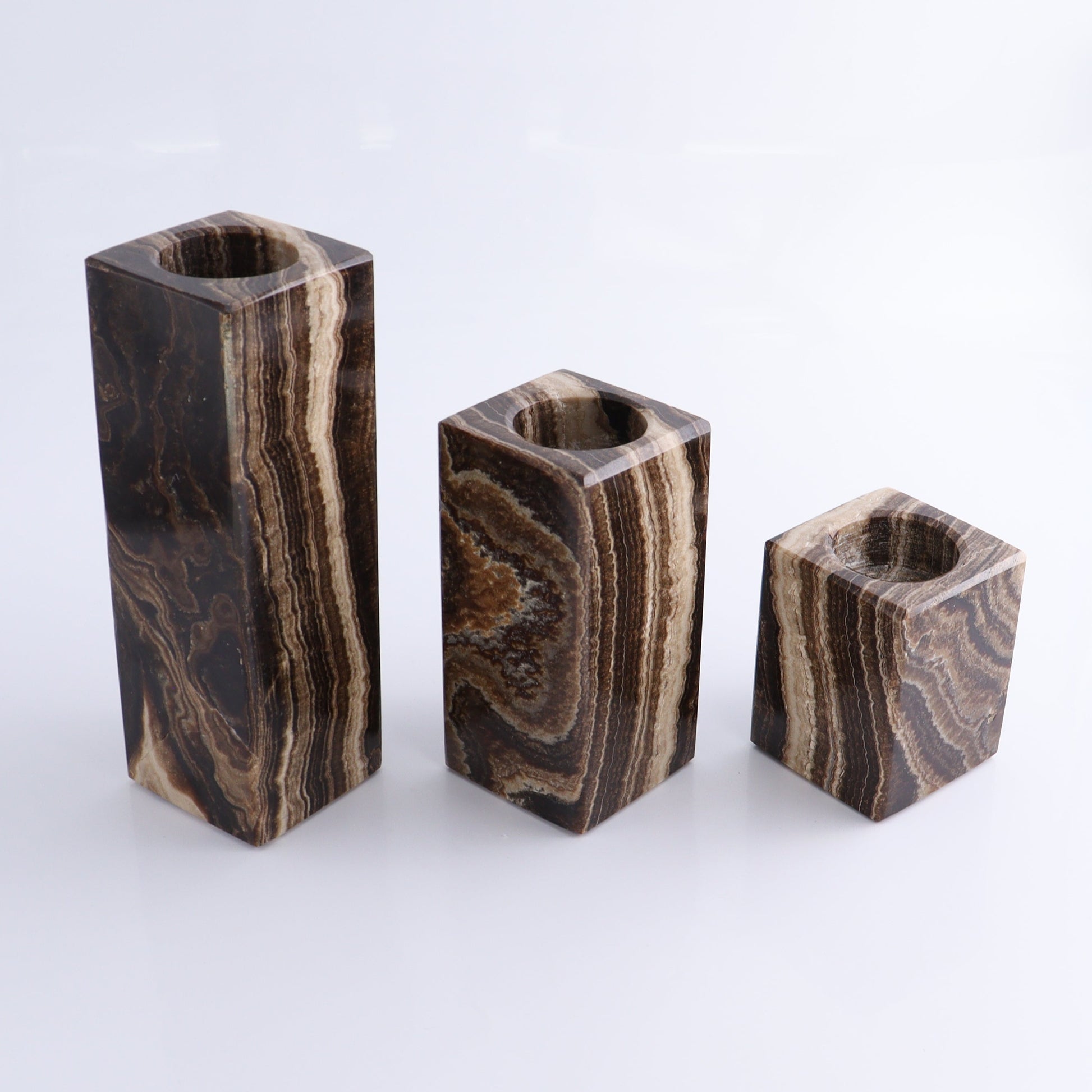 One Candle Holder Mexican Onyx/Calcite Chocolate Set of 3 - Expert Wholesale and Supplier of Wholesale Crystals & Bulk Gemstones, ["Calcite","Candle Holder","Catalog Onyx","Mexico","Onyx"]