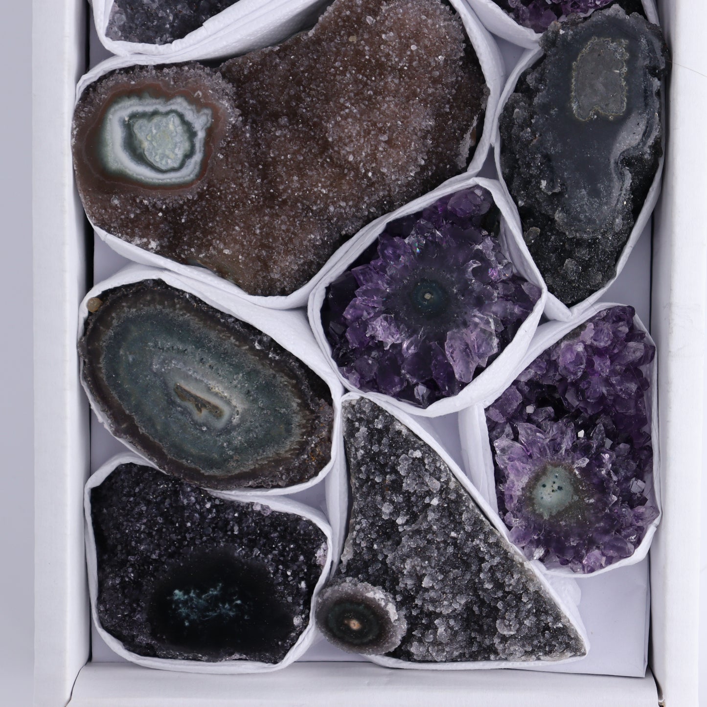 Uruguay Amethyst Clusters with "Eyes" Flat of 9 - Expert Wholesale and Supplier of Wholesale Crystals & Bulk Gemstones, ["Amethyst","Clusters","Eyes Amethyst","Uruguay"]