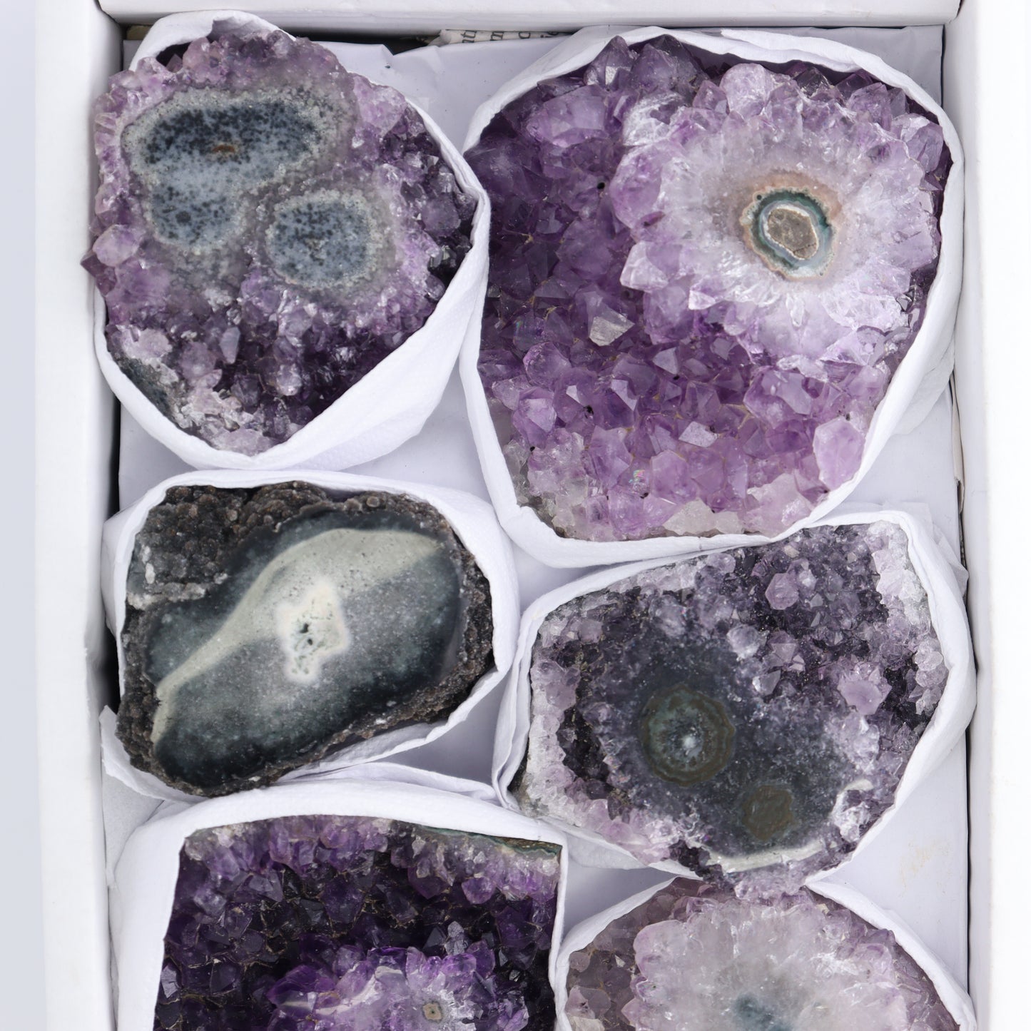 *sold Uruguay Amethyst Clusters with "Eyes" Flat of 8 - Expert Wholesale and Supplier of Wholesale Crystals & Bulk Gemstones, ["Amethyst","Amethyst Eyes","Clusters","Uruguay"]