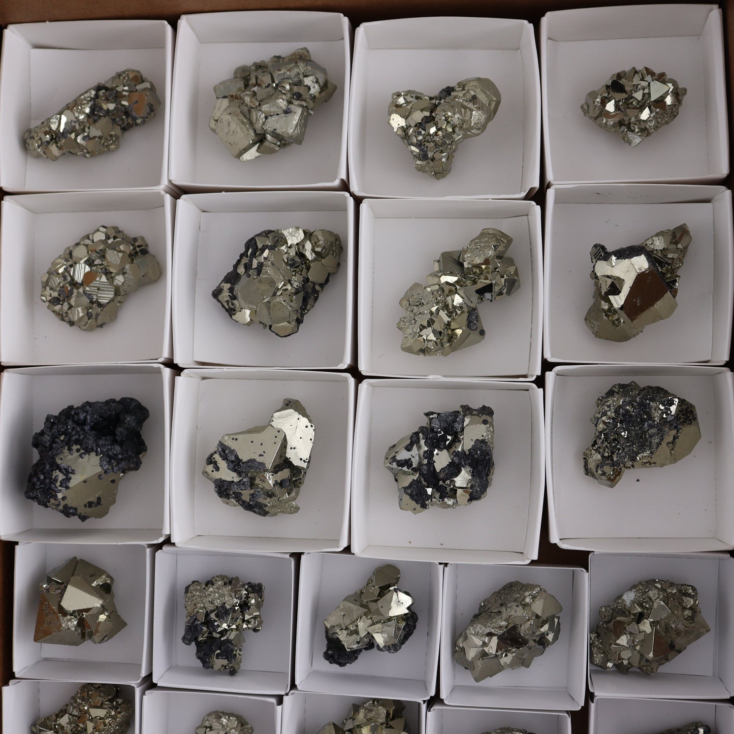 Octahedral Pyrite Clusters Set of 22 - Expert Wholesale and Supplier of Wholesale Crystals & Bulk Gemstones, ["Clusters","Octahedral Pyrite","Peru","Pyrite"]