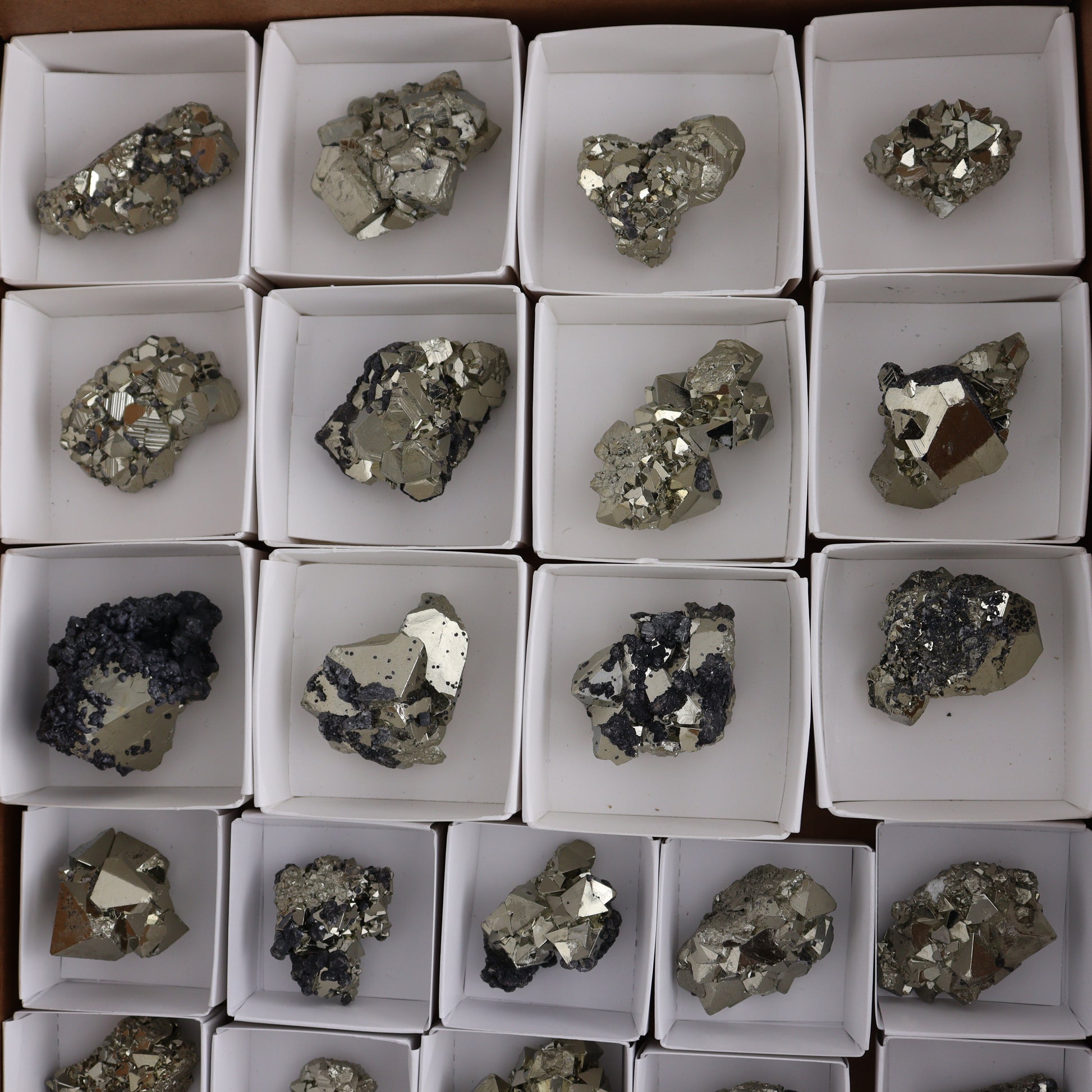 Octahedral Pyrite Clusters Set of 22 - Expert Wholesale and Supplier of Wholesale Crystals & Bulk Gemstones, ["Clusters","Octahedral Pyrite","Peru","Pyrite"]