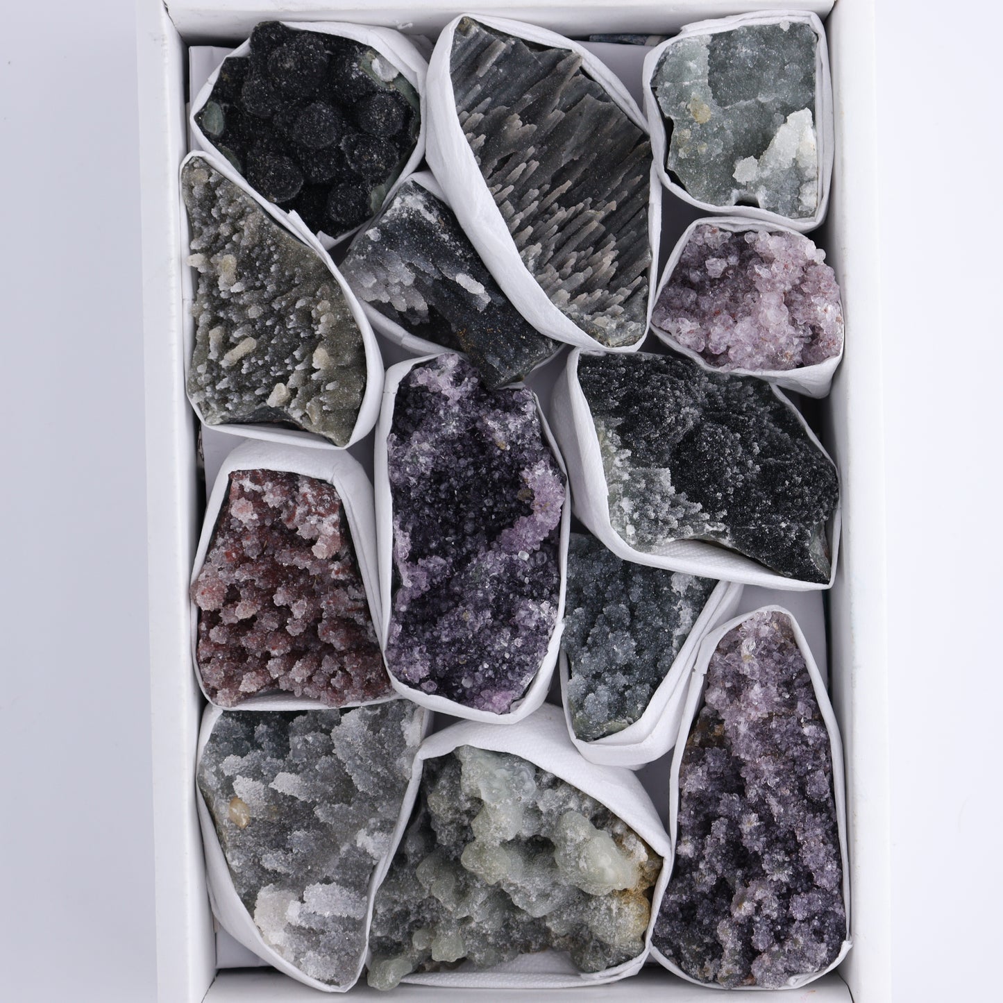 Uruguay Amethyst Clusters with Formations Flat of 13 - Expert Wholesale and Supplier of Wholesale Crystals & Bulk Gemstones, ["Amethyst","Calcite","Clusters","Formations","Uruguay"]