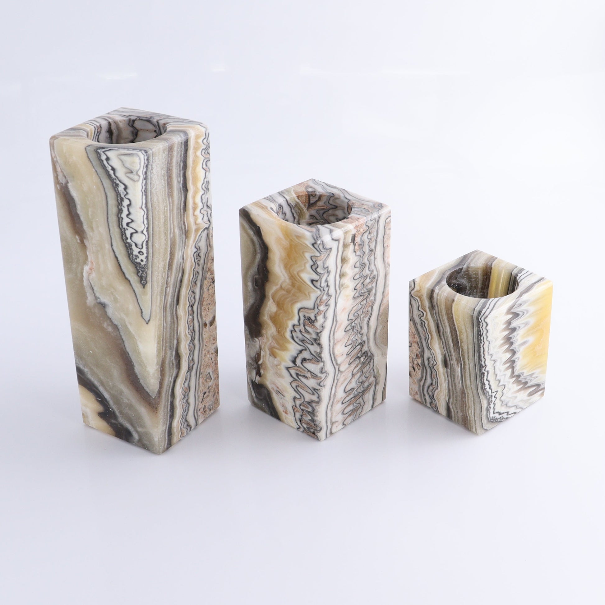 One Candle Holder Mexican Onyx/Calcite Zebra Yellow & Black Set of 3 - Expert Wholesale and Supplier of Wholesale Crystals & Bulk Gemstones, ["Calcite","Candle Holder","Catalog Onyx","Mexico","onyx"]