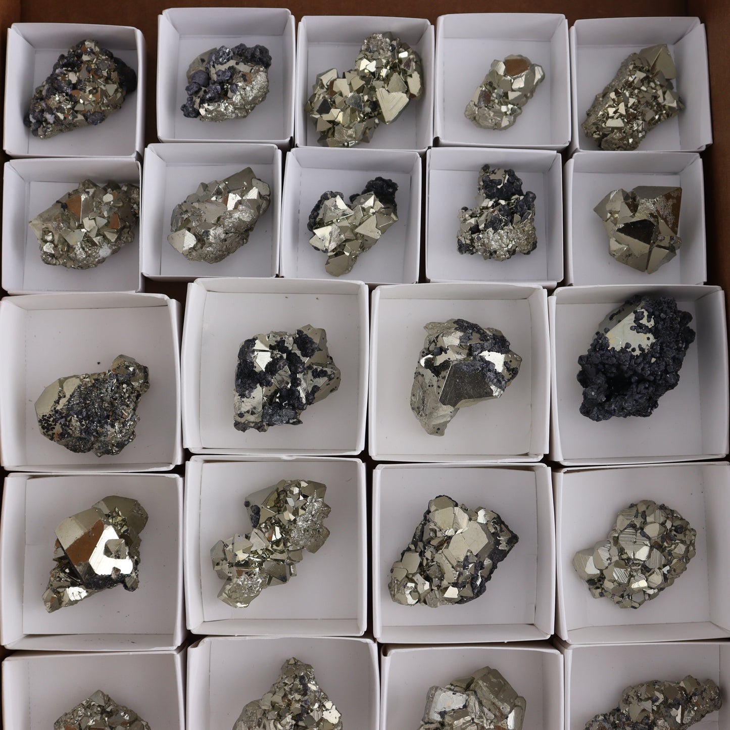 Octahedral Pyrite Clusters Set of 22 - Expert Wholesale and Supplier of Wholesale Crystals & Bulk Gemstones, ["Clusters","Octahedral Pyrite","Peru","Pyrite"]