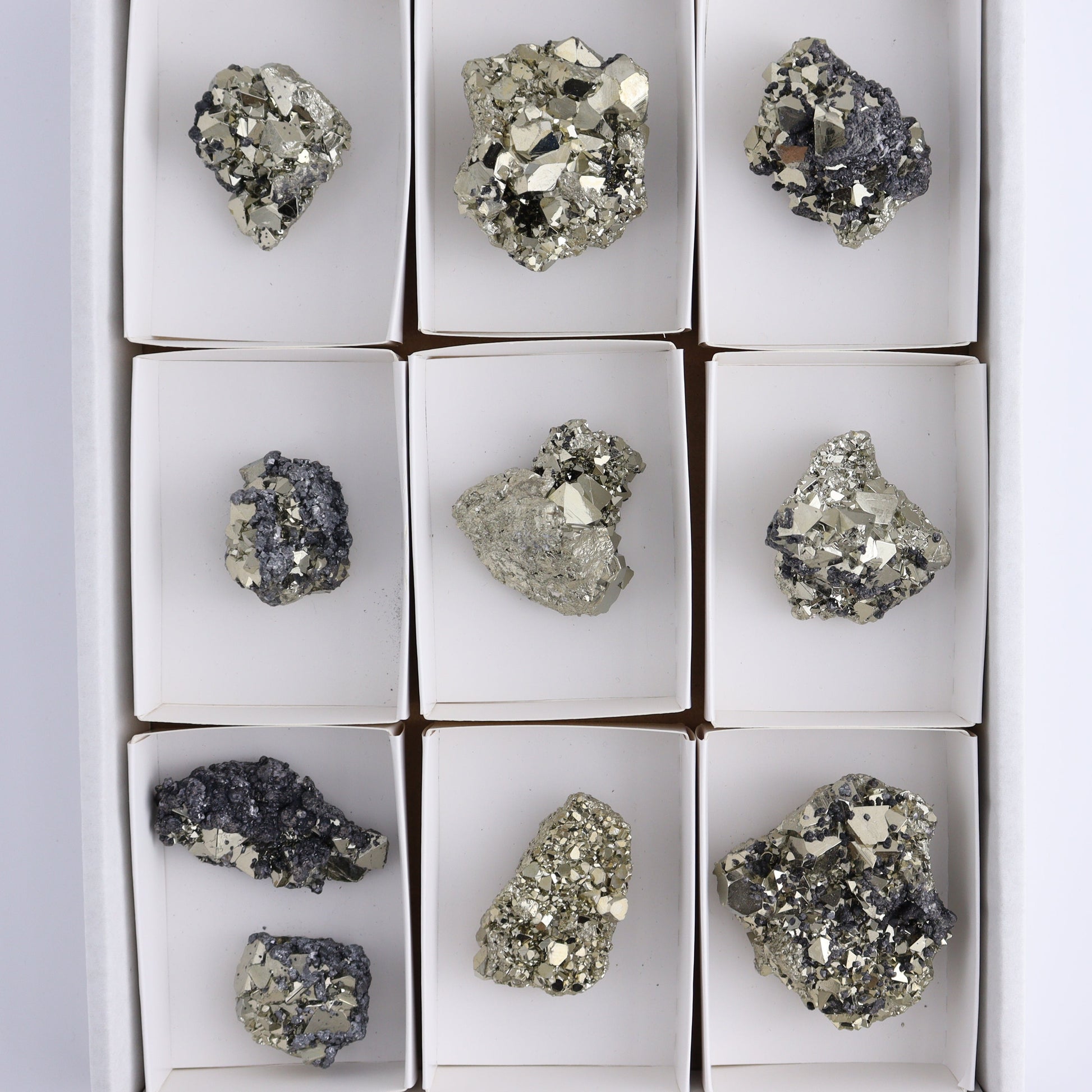 Octahedral Pyrite Clusters Set of 10 - Expert Wholesale and Supplier of Wholesale Crystals & Bulk Gemstones, ["Clusters","Octahedral Pyrite","Peru","Pyrite"]