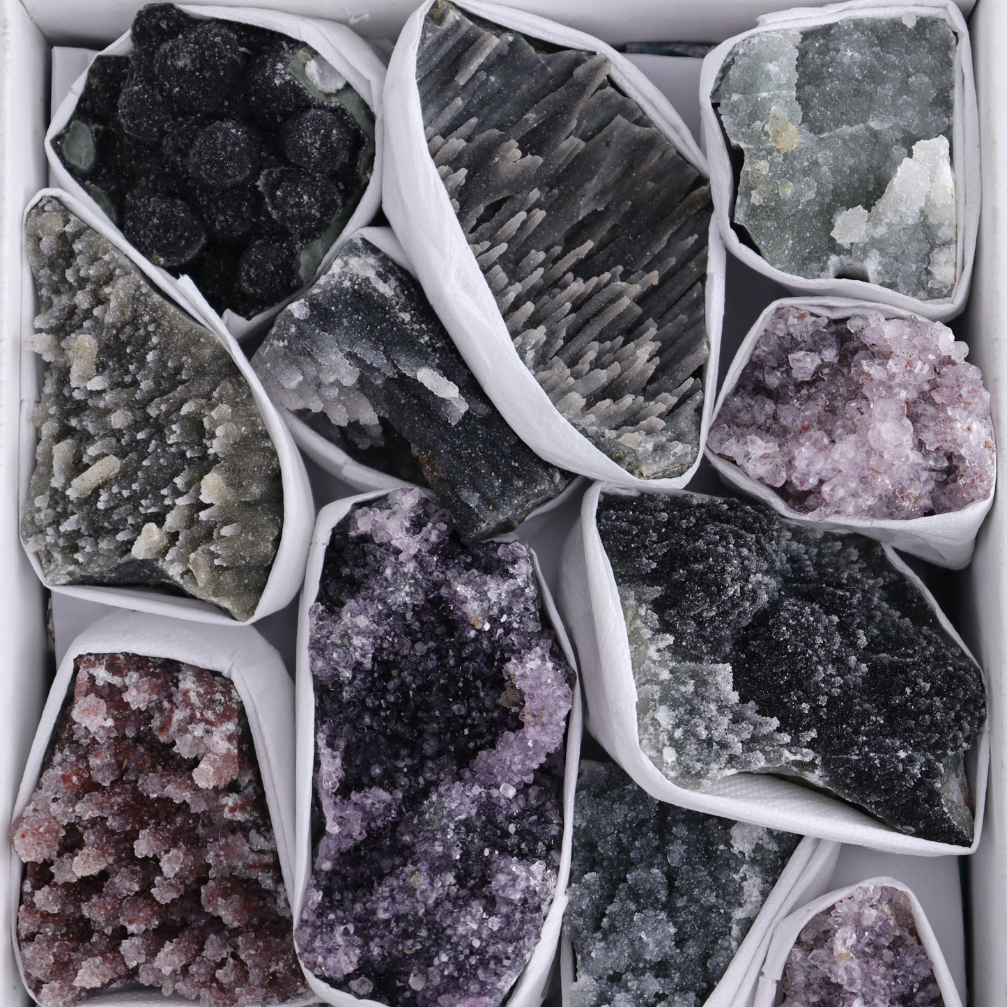 Uruguay Amethyst Clusters with Formations Flat of 13 - Expert Wholesale and Supplier of Wholesale Crystals & Bulk Gemstones, ["Amethyst","Calcite","Clusters","Formations","Uruguay"]