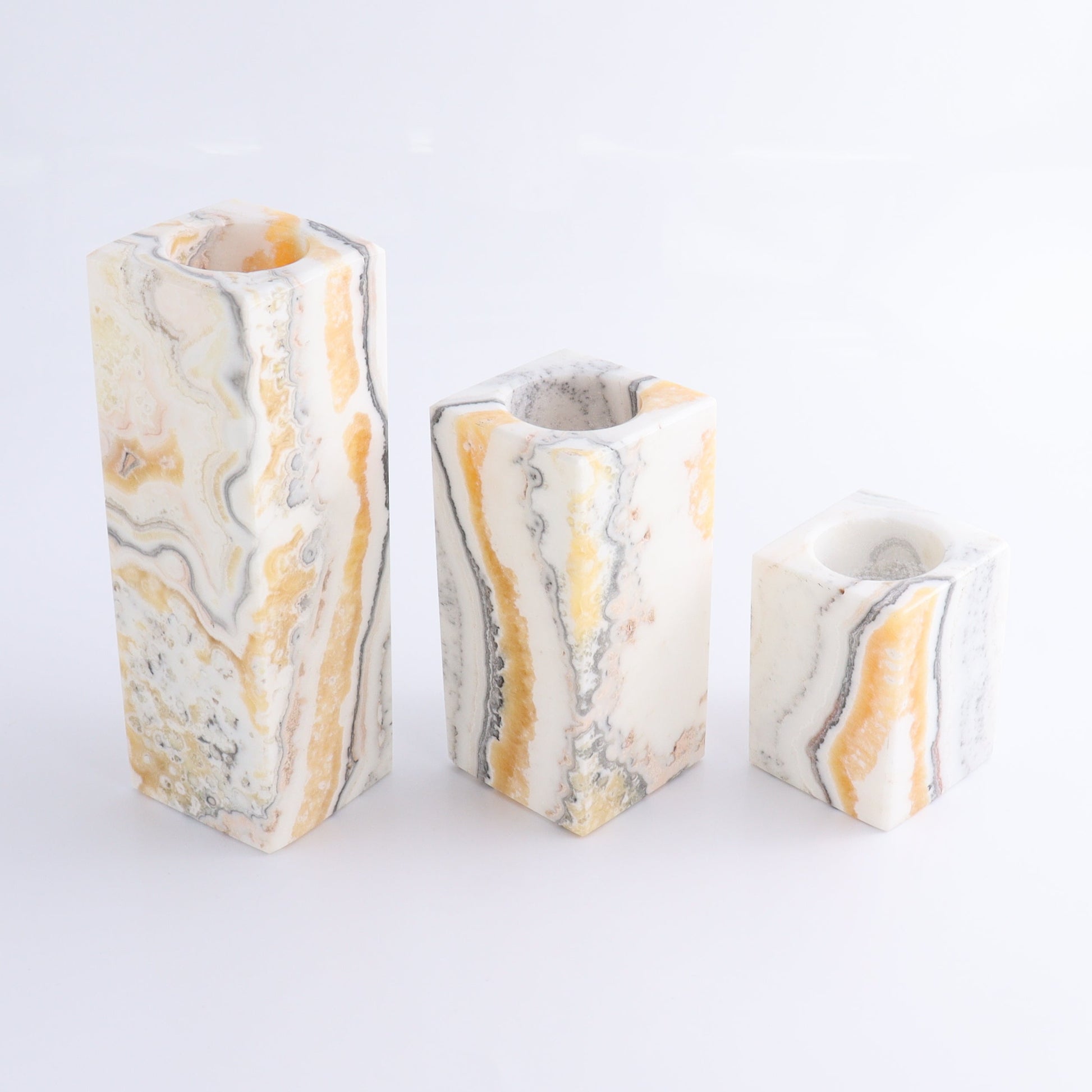 One Candle Holder Mexican Onyx/Calcite Zebra Yellow & White Set of 3 - Expert Wholesale and Supplier of Wholesale Crystals & Bulk Gemstones, ["Calcite","Candle Holder","Catalog Onyx","Mexico","onyx"]