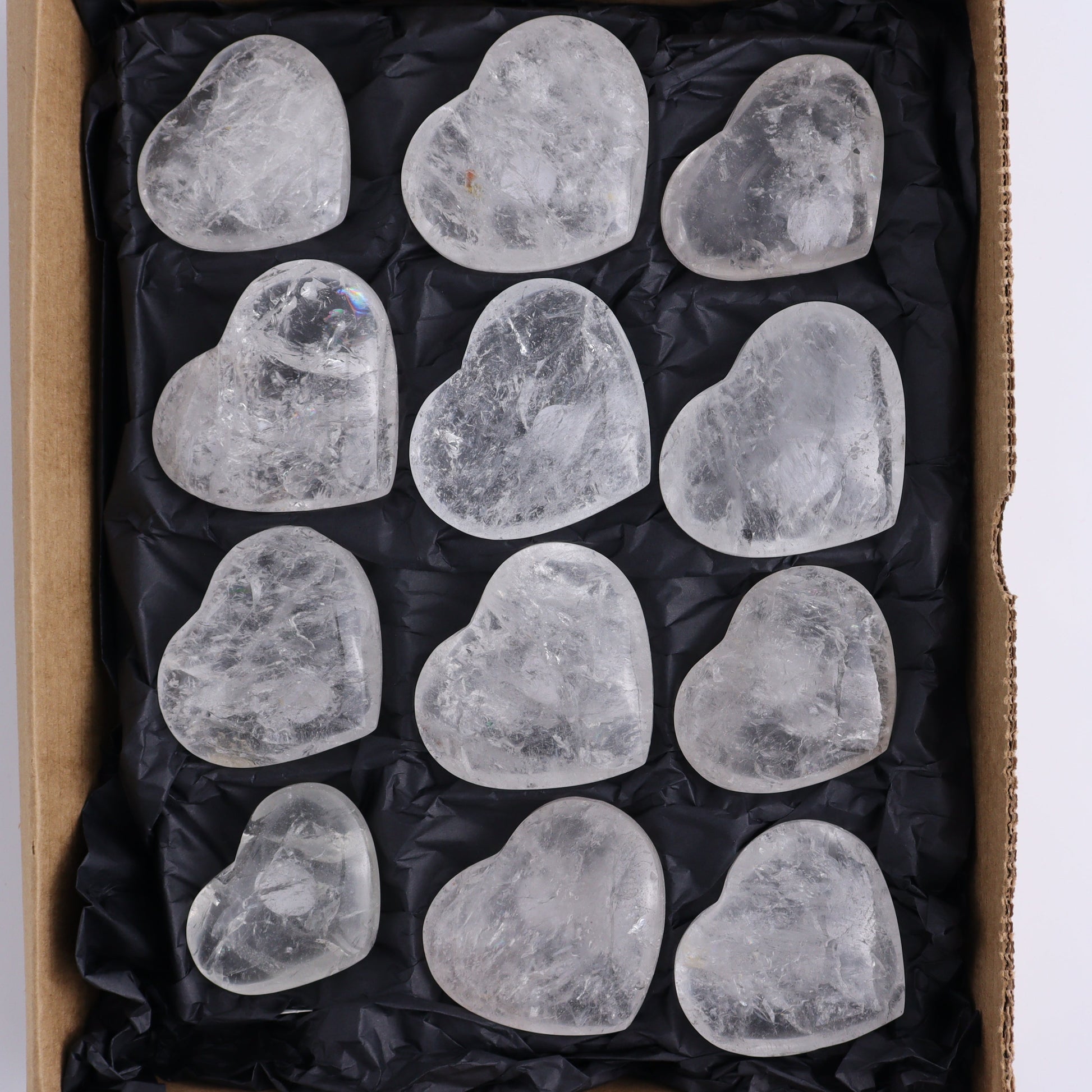 Imperfect Clear Quartz Hearts Set of 12 - Expert Wholesale and Supplier of Wholesale Crystals & Bulk Gemstones, ["Brazil","Clear Quartz","close_50","Hearts","Quartz"]