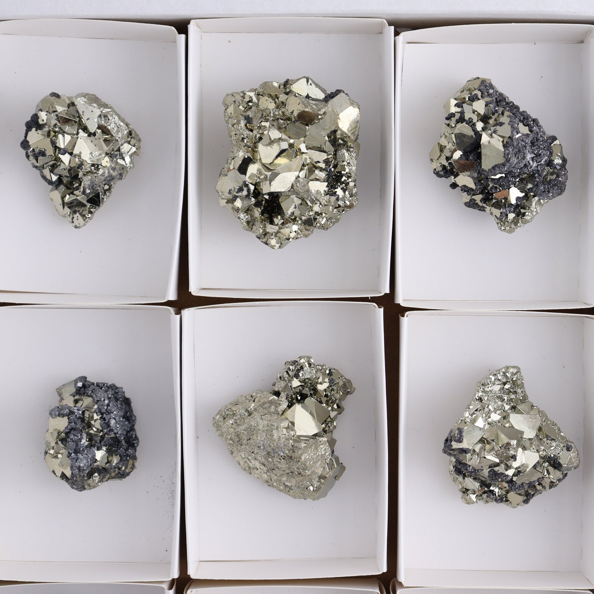 Octahedral Pyrite Clusters Set of 10 - Expert Wholesale and Supplier of Wholesale Crystals & Bulk Gemstones, ["Clusters","Octahedral Pyrite","Peru","Pyrite"]