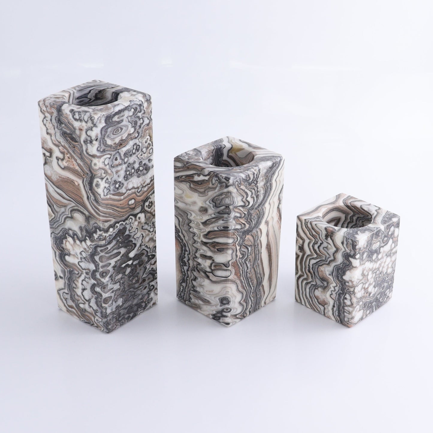 One Candle Holder Mexican Onyx/Calcite Zebra Black & White Set of 3 - Expert Wholesale and Supplier of Wholesale Crystals & Bulk Gemstones, ["Calcite","Candle Holder","Catalog Onyx","Mexico","onyx"]