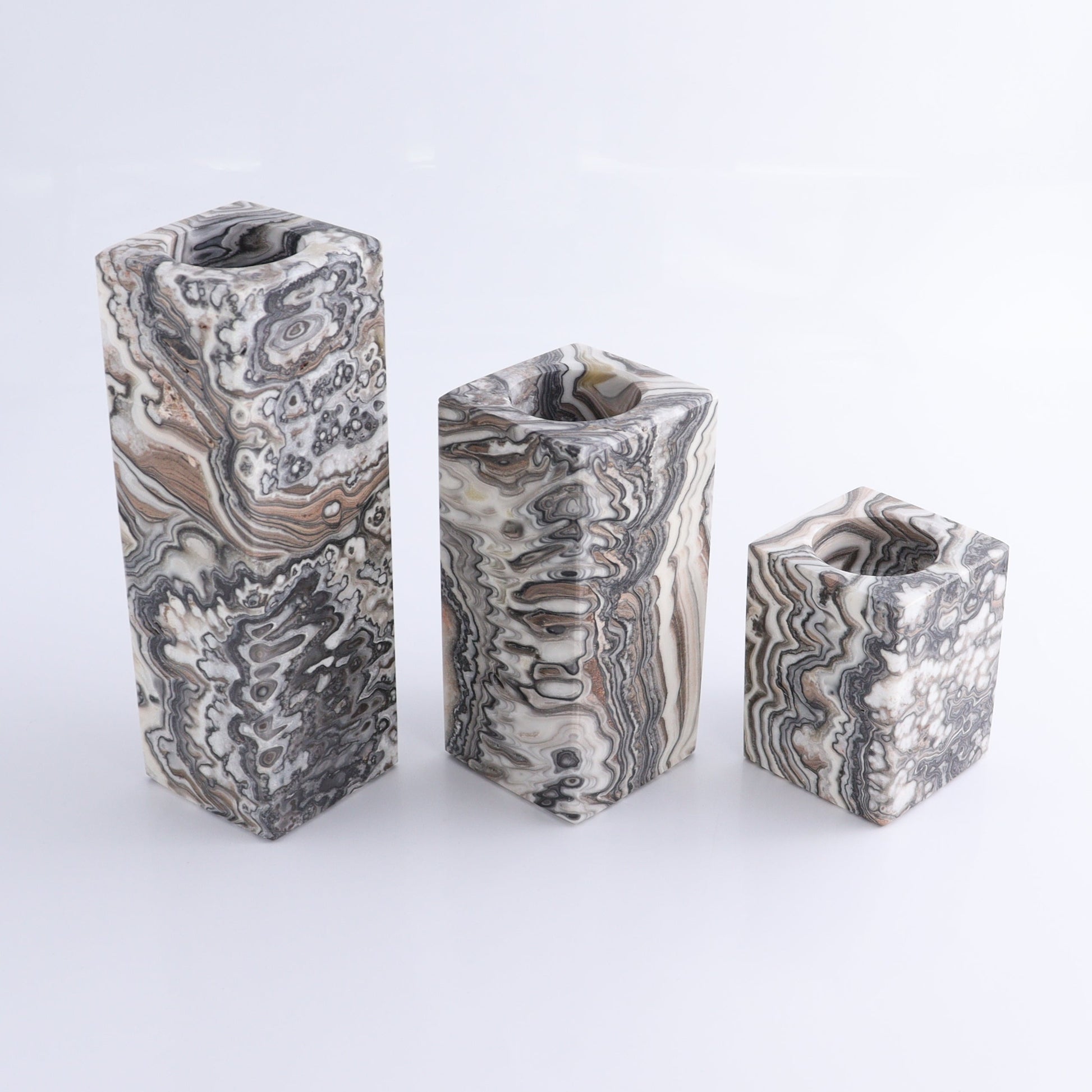 One Candle Holder Mexican Onyx/Calcite Zebra Black & White Set of 3 - Expert Wholesale and Supplier of Wholesale Crystals & Bulk Gemstones, ["Calcite","Candle Holder","Catalog Onyx","Mexico","onyx"]