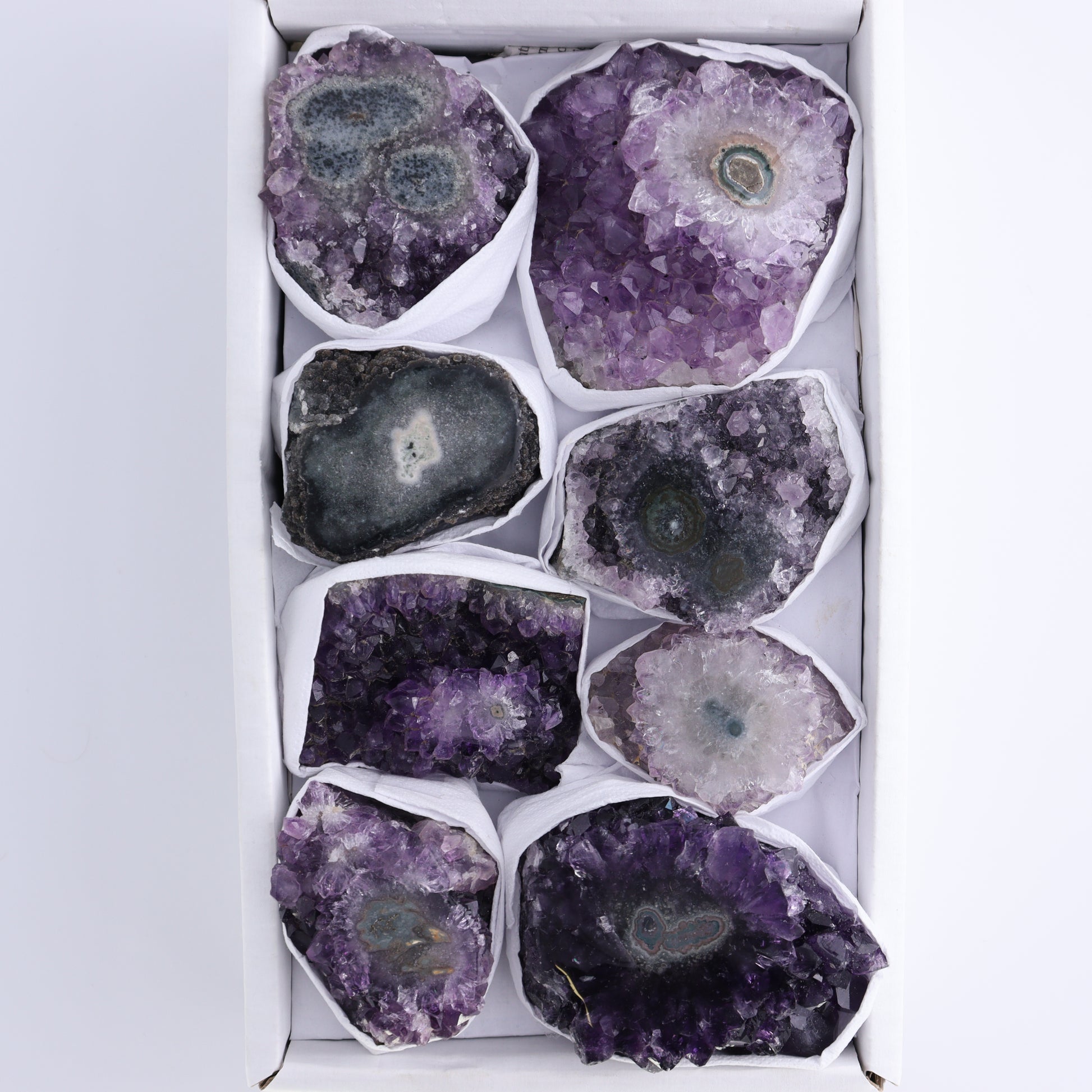 *sold Uruguay Amethyst Clusters with "Eyes" Flat of 8 - Expert Wholesale and Supplier of Wholesale Crystals & Bulk Gemstones, ["Amethyst","Amethyst Eyes","Clusters","Uruguay"]