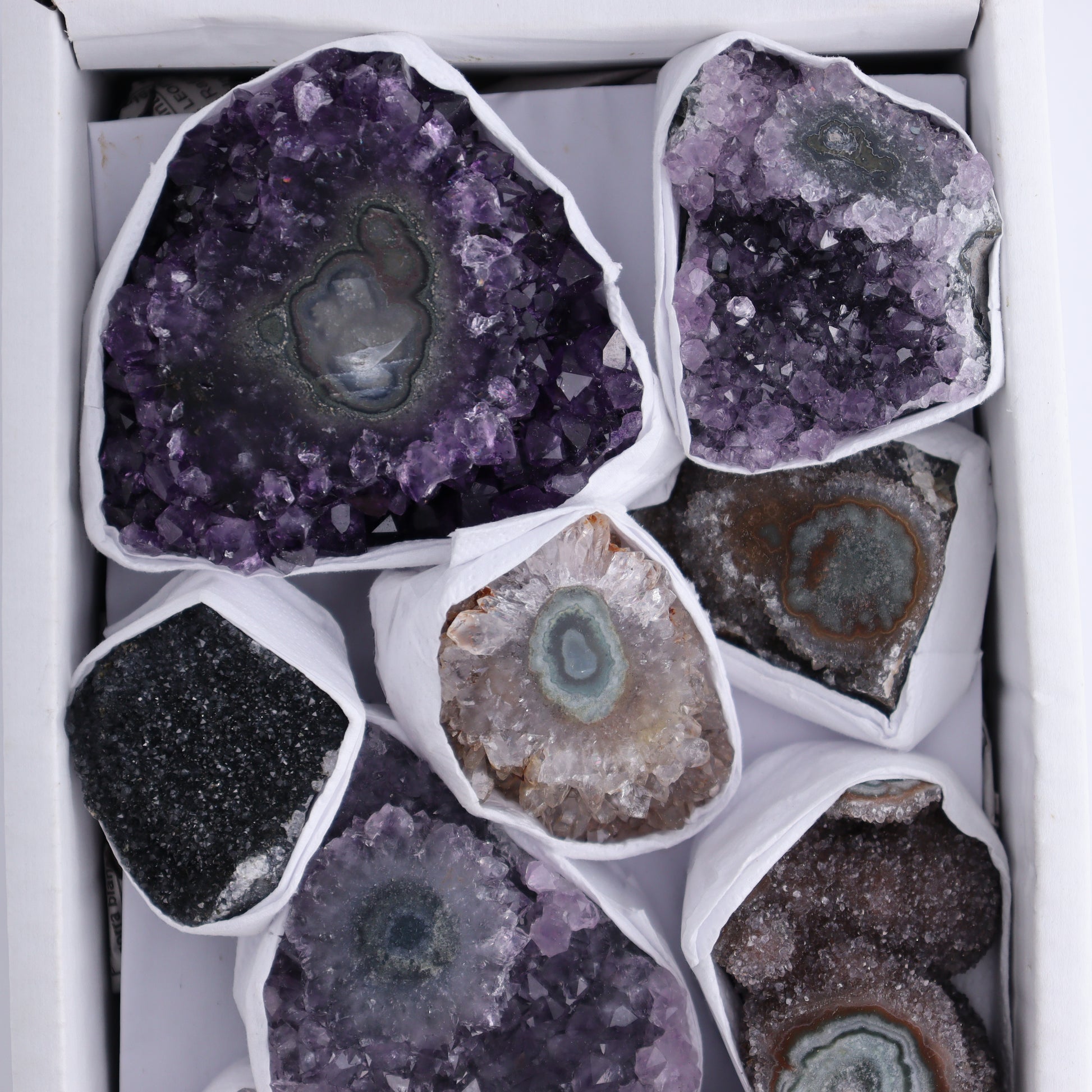 Uruguay Amethyst Clusters with "Eyes" Flat of 9 - Expert Wholesale and Supplier of Wholesale Crystals & Bulk Gemstones, ["Amethyst","Clusters","Eyes Amethyst","Uruguay"]