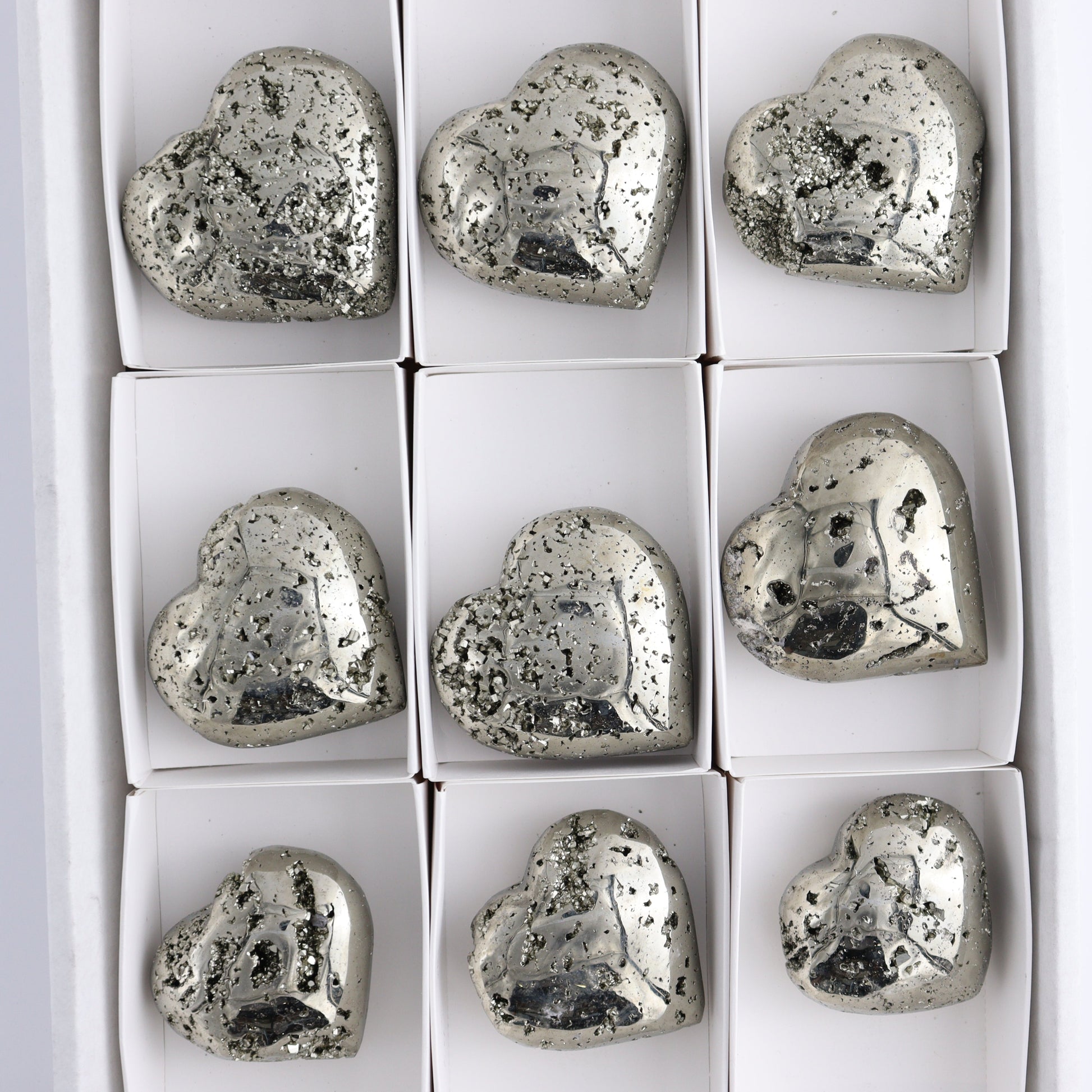 Pyrite Hearts Set of 9 - Expert Wholesale and Supplier of Wholesale Crystals & Bulk Gemstones, ["Hearts","Peru","Pyrite"]