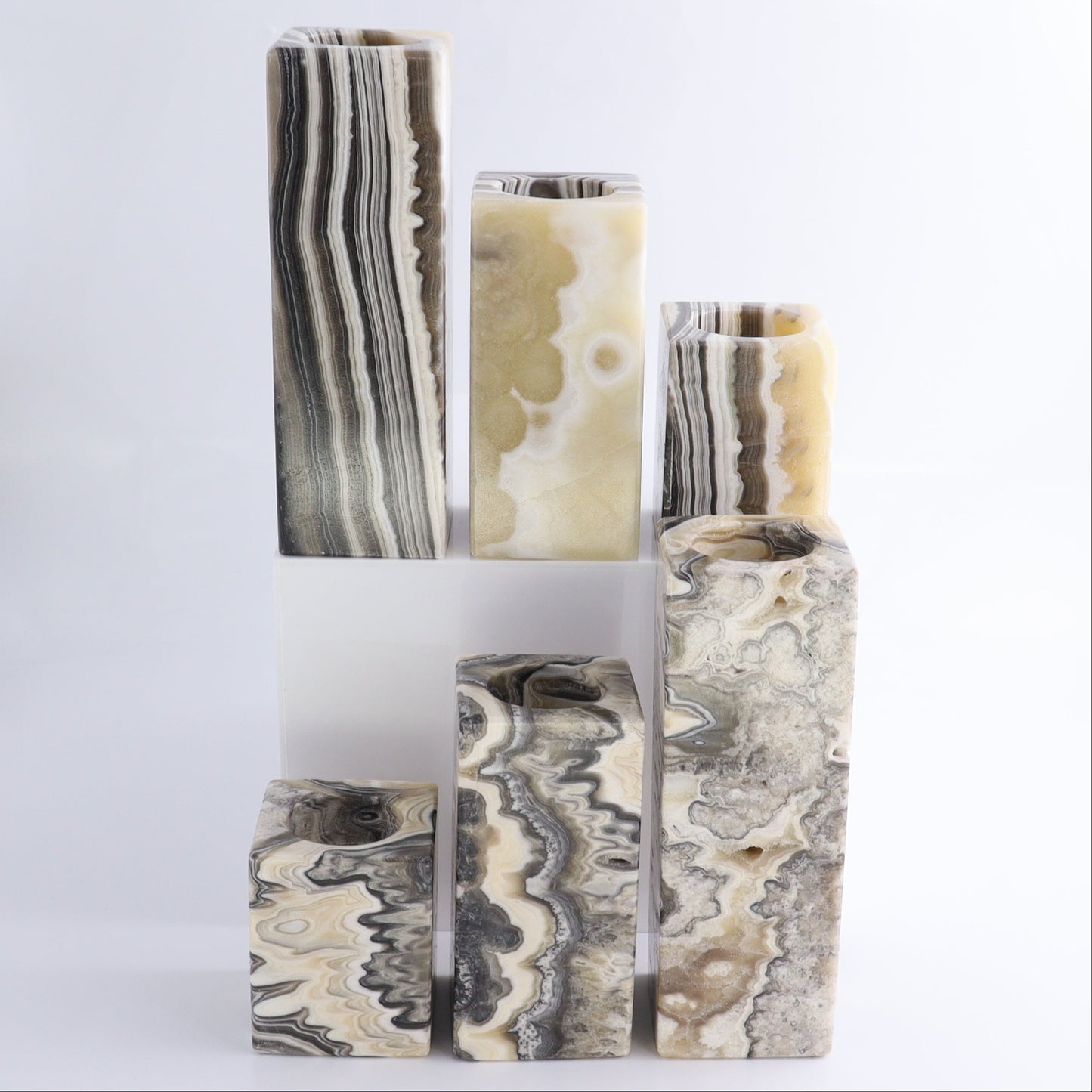 One Candle Holder Mexican Onyx/Calcite Zebra Yellow & Black Set of 3 - Expert Wholesale and Supplier of Wholesale Crystals & Bulk Gemstones, ["Calcite","Candle Holder","Catalog Onyx","Mexico","onyx"]