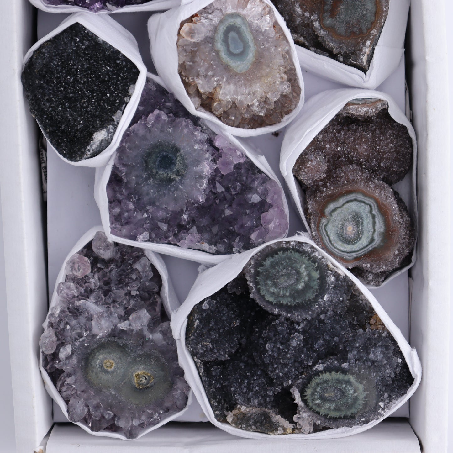 Uruguay Amethyst Clusters with "Eyes" Flat of 9 - Expert Wholesale and Supplier of Wholesale Crystals & Bulk Gemstones, ["Amethyst","Clusters","Eyes Amethyst","Uruguay"]