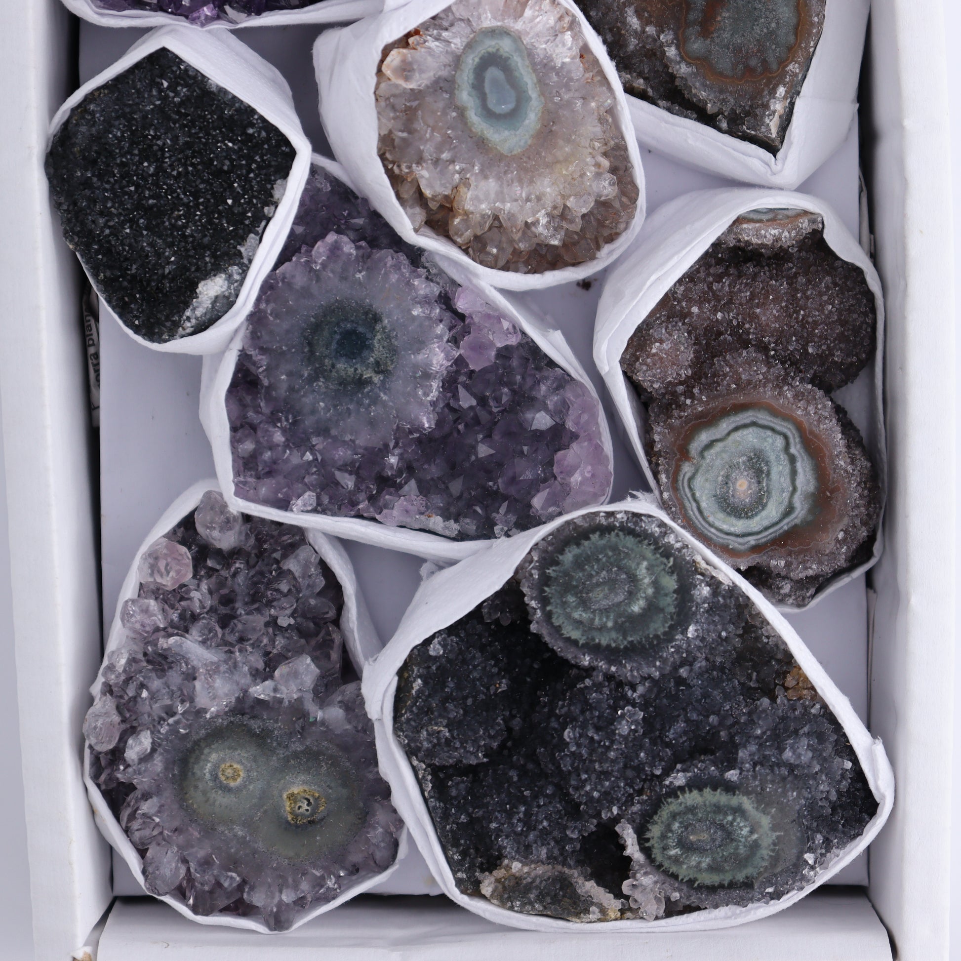 Uruguay Amethyst Clusters with "Eyes" Flat of 9 - Expert Wholesale and Supplier of Wholesale Crystals & Bulk Gemstones, ["Amethyst","Clusters","Eyes Amethyst","Uruguay"]