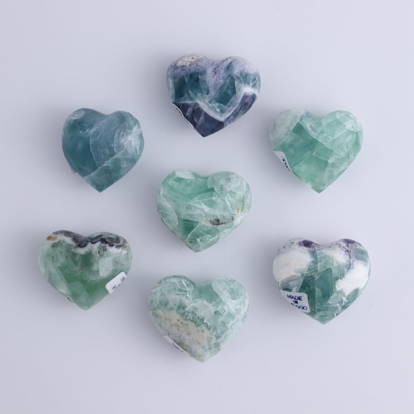Fluorite Hearts Set of 7 - Expert Wholesale and Supplier of Wholesale Crystals & Bulk Gemstones, ["Fluorite","Hearts","Mexico"]