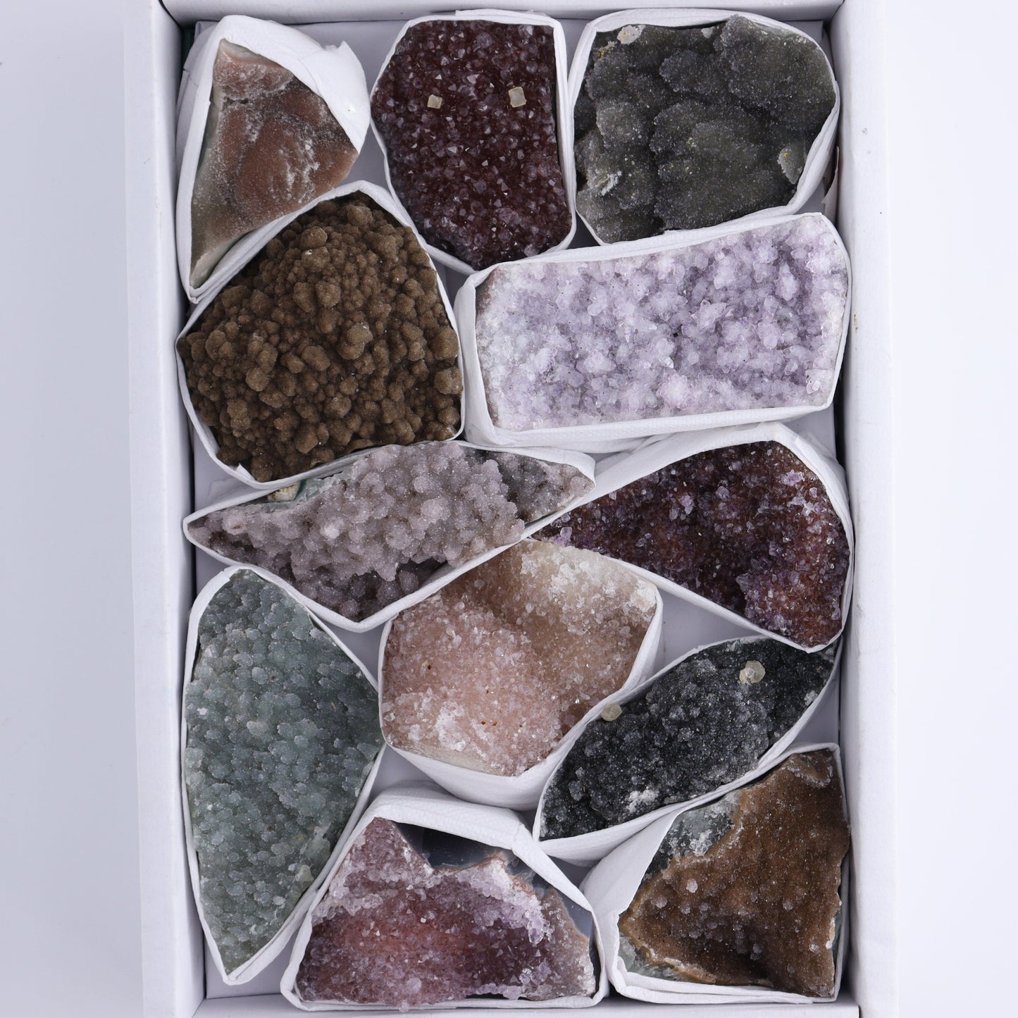 Uruguay Rainbow Amethyst Clusters Flat of 12 - Expert Wholesale and Supplier of Wholesale Crystals & Bulk Gemstones, ["Amethyst","Clusters","Rainbow Amethyst","Sugar Rainbow Amethyst","Uruguay"]