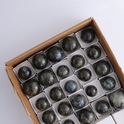 Labradorite Spheres Flat of 24 - Expert Wholesale and Supplier of Wholesale Crystals & Bulk Gemstones, ["Labradorite","Madagascar","Spheres"]