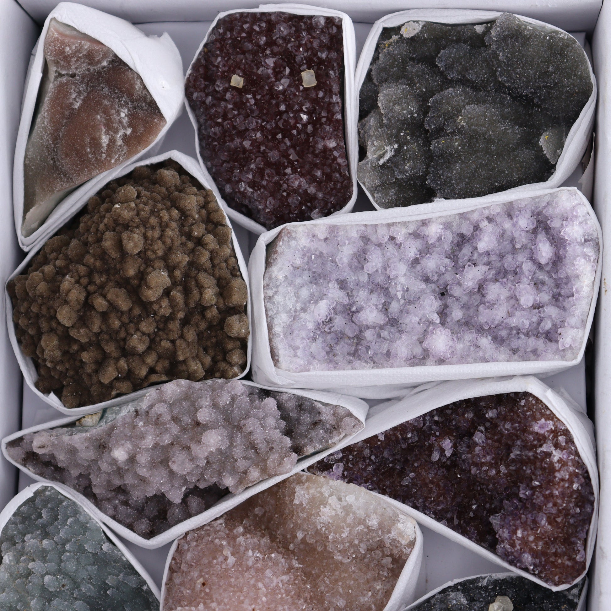 Uruguay Rainbow Amethyst Clusters Flat of 12 - Expert Wholesale and Supplier of Wholesale Crystals & Bulk Gemstones, ["Amethyst","Clusters","Rainbow Amethyst","Sugar Rainbow Amethyst","Uruguay"]
