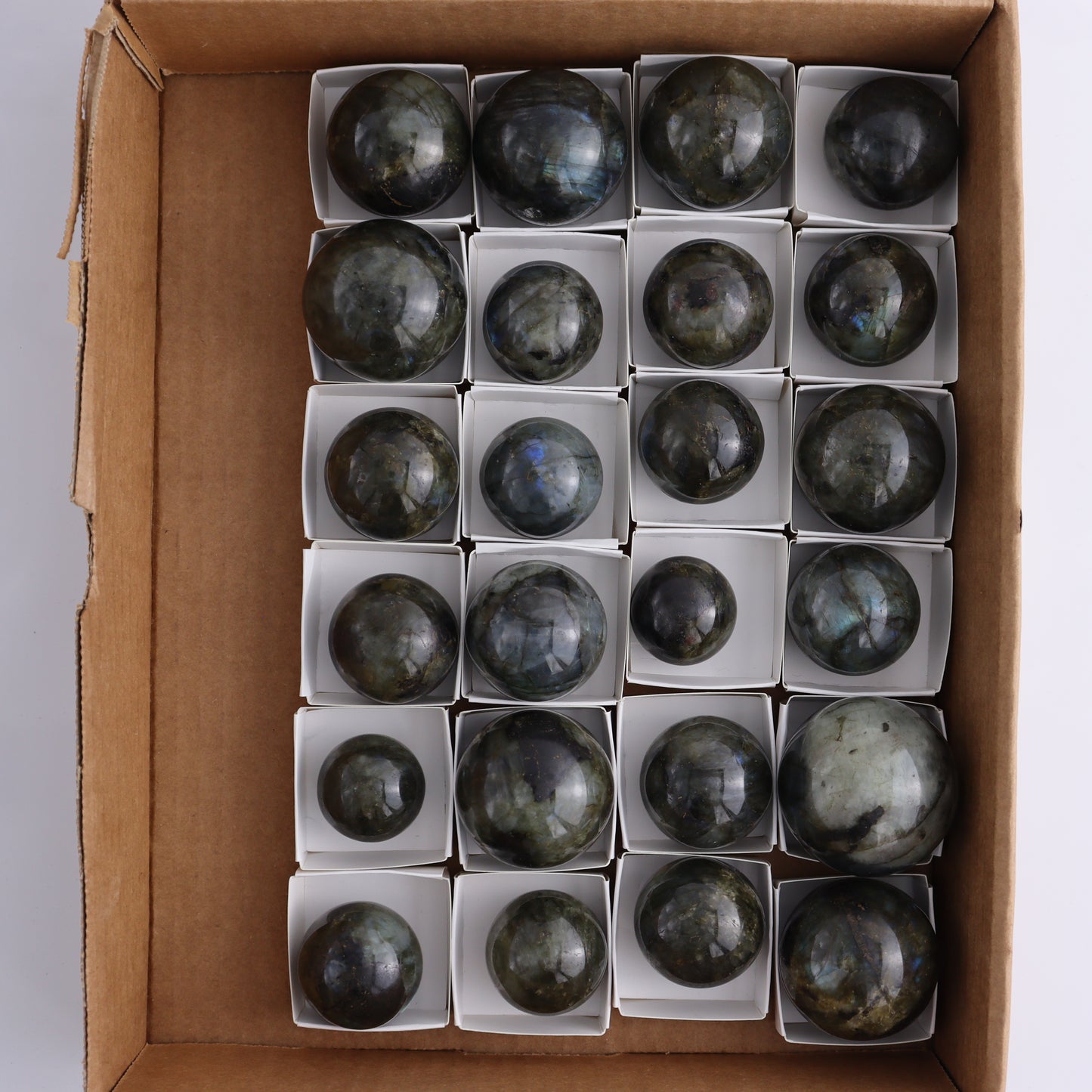 Labradorite Spheres Flat of 24 - Expert Wholesale and Supplier of Wholesale Crystals & Bulk Gemstones, ["Labradorite","Madagascar","Spheres"]
