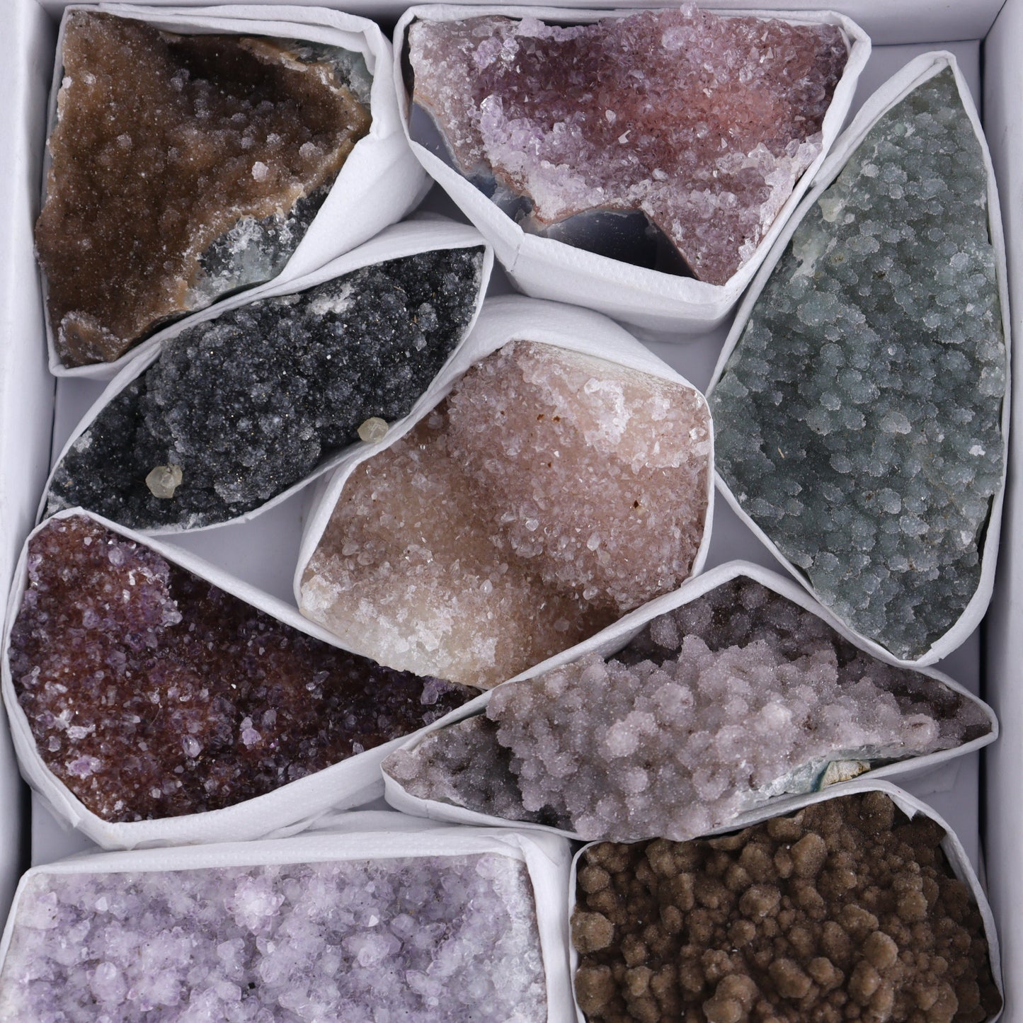 Uruguay Rainbow Amethyst Clusters Flat of 12 - Expert Wholesale and Supplier of Wholesale Crystals & Bulk Gemstones, ["Amethyst","Clusters","Rainbow Amethyst","Sugar Rainbow Amethyst","Uruguay"]