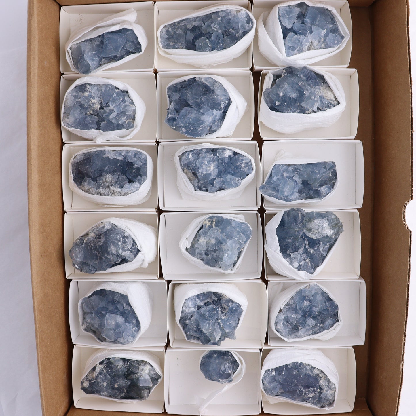 Celestite Clusters Set of 18 - Expert Wholesale and Supplier of Wholesale Crystals & Bulk Gemstones, ["Celestite","Clusters","Freeform"]