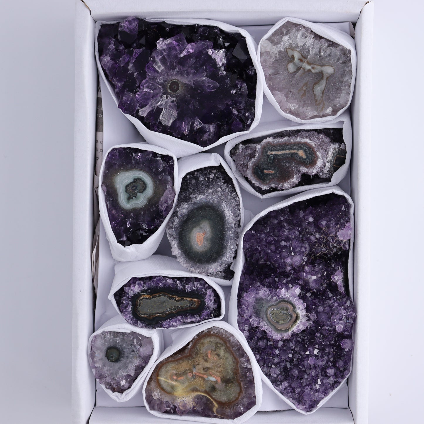 Uruguay Amethyst Clusters with "Eyes" Flat of 9 - Expert Wholesale and Supplier of Wholesale Crystals & Bulk Gemstones, ["Amethyst","Clusters","Eyes Amethyst","Uruguay"]